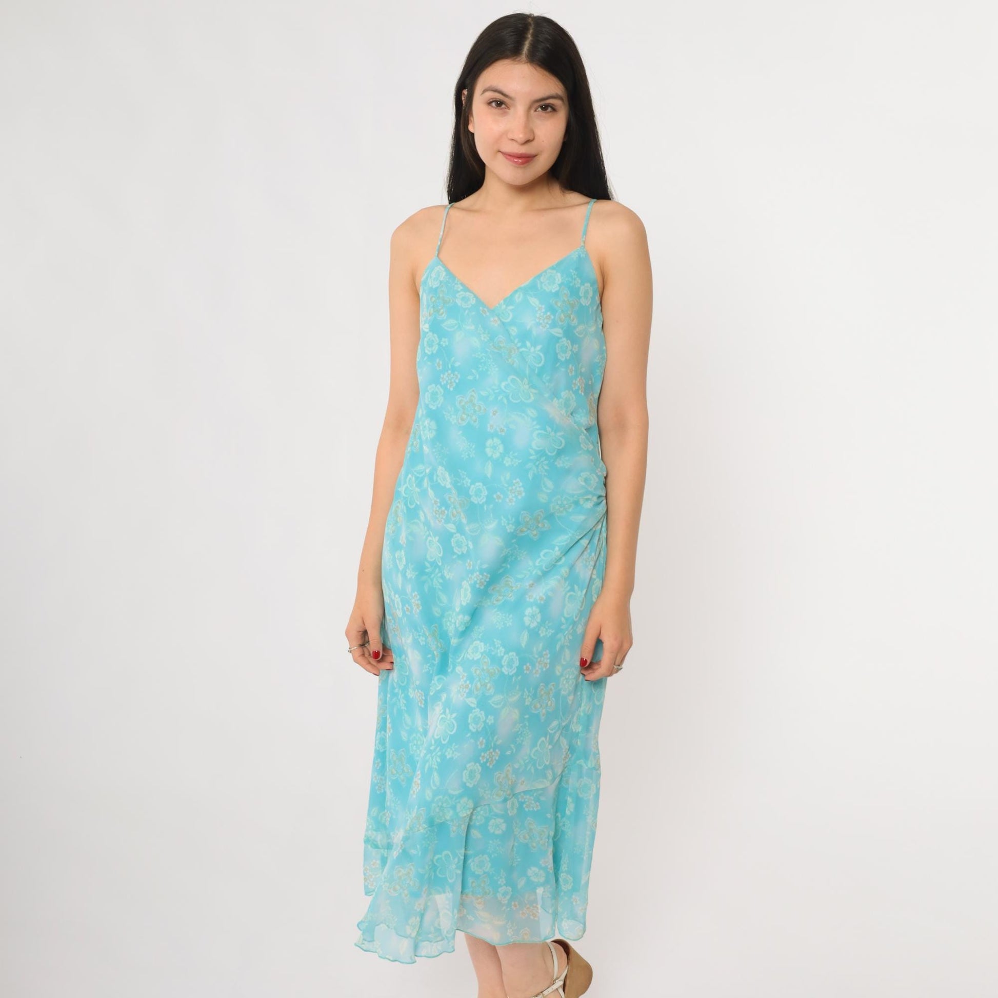 Y2K New York & Company Aqua Floral Slip Dress Midi Spaghetti Strap Large