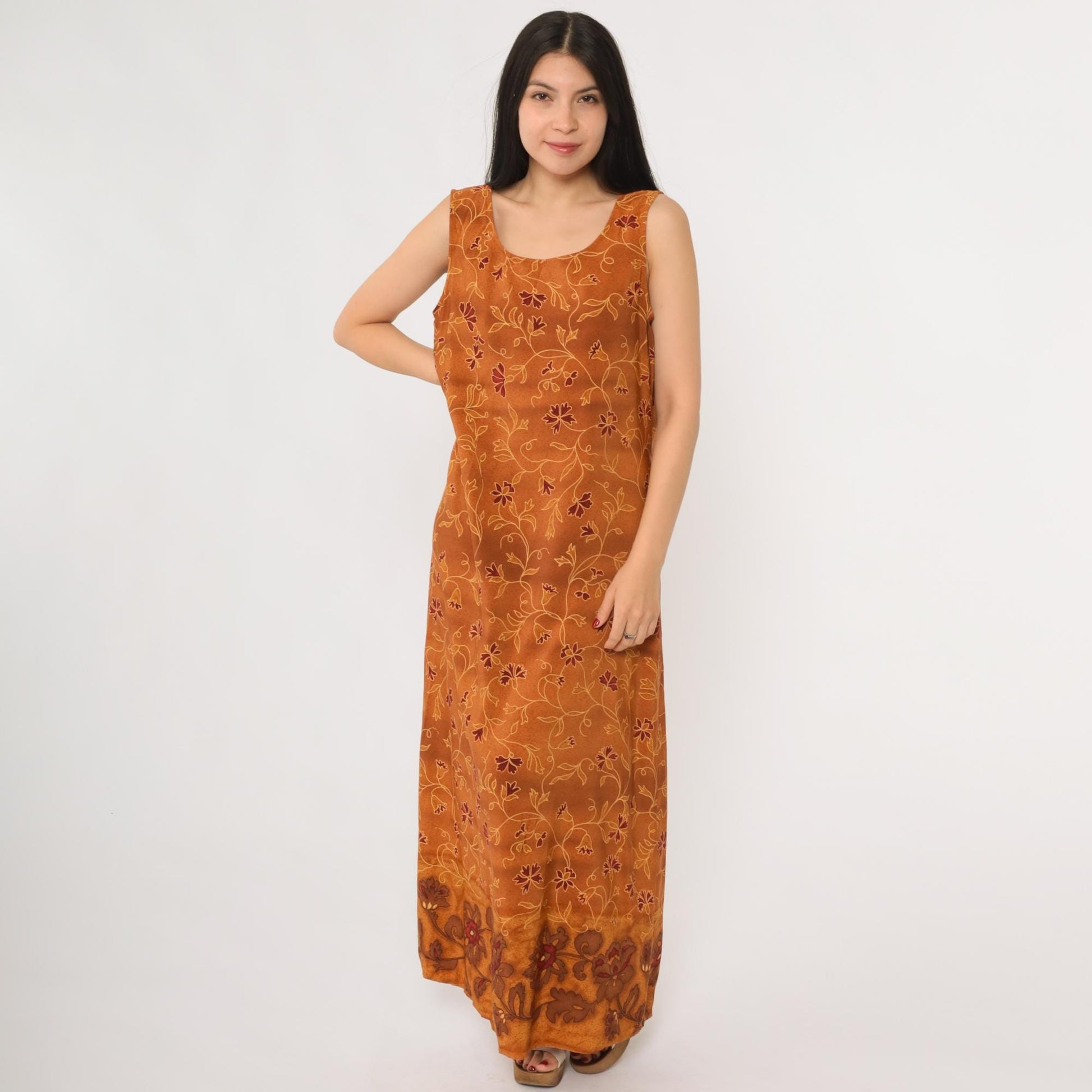 90s Burnt Sienna Floral Maxi Dress Sleeveless Tank Scoop Neck Large L