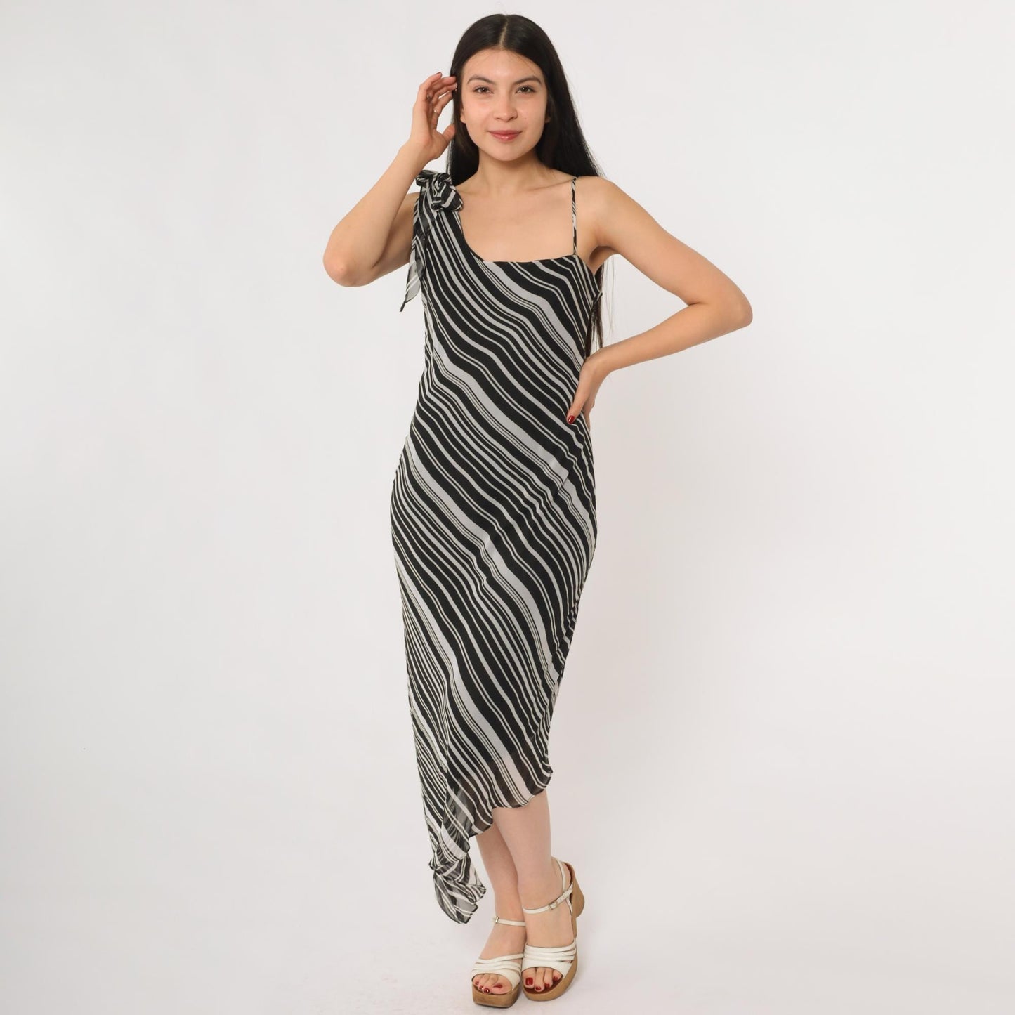 Y2K Liz Minelli Black White Diagonal Stripe One-Shoulder Midi Dress Medium M
