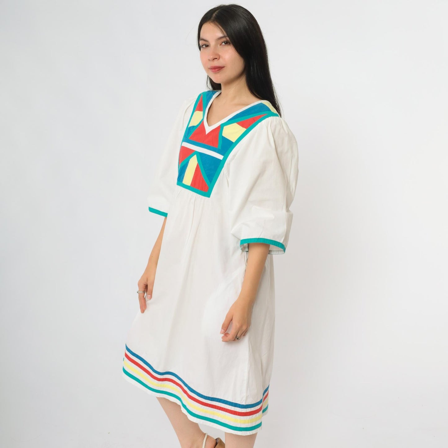80s Foleys White Cotton Midi Dress Geometric Colorblock V-Neck Medium M