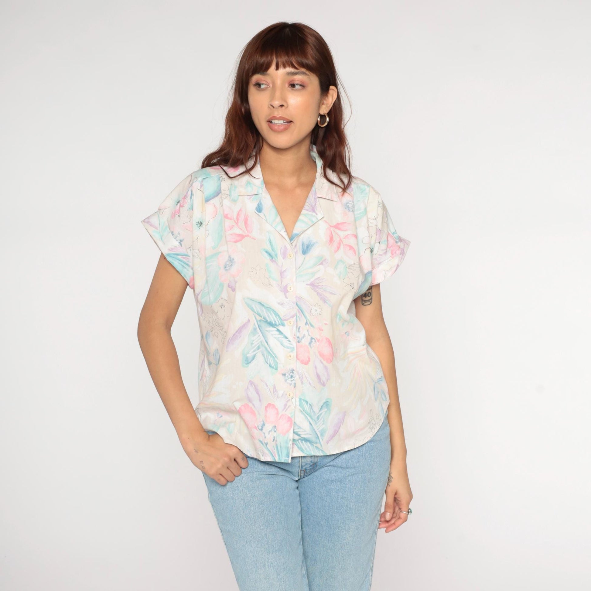 1990s Tapestry Pastel Floral Cotton Button-Up Shirt Short Sleeve Medium