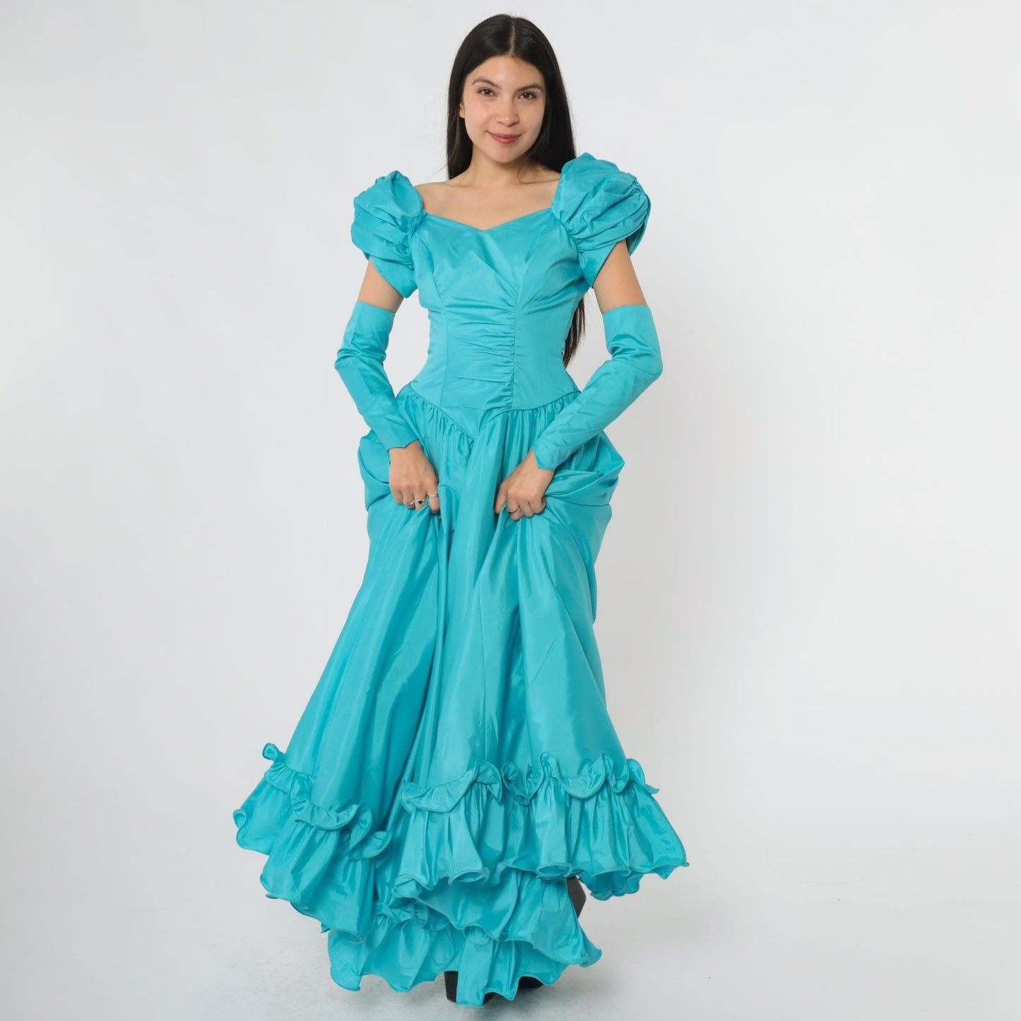 80s Turquoise Ball Gown Puff Sleeve Off-Shoulder Sweetheart Neckline Extra Small XS