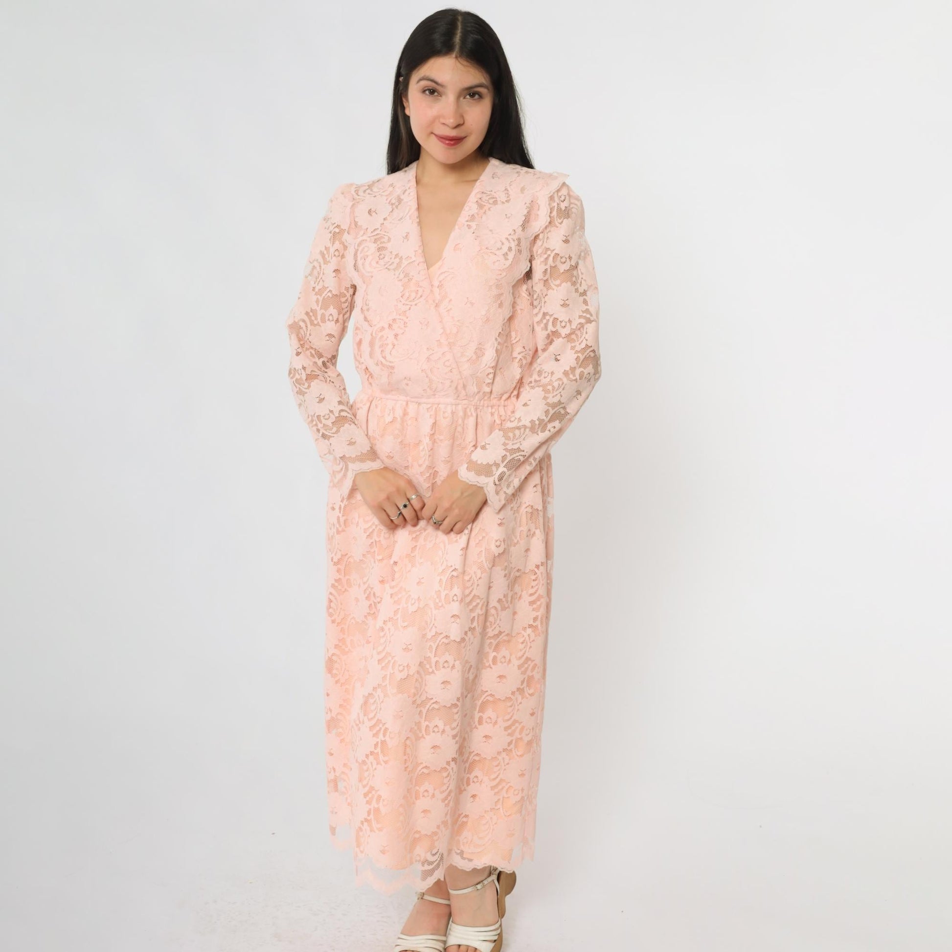 80s Blush Pink Floral Lace Maxi Dress V-Neck Empire Waist Small
