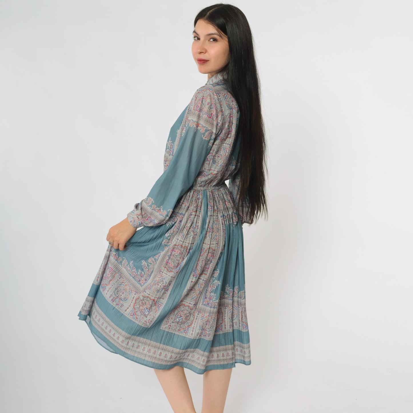 80s Hal Ferman Sage Green Midi Dress Paisley Floral Print Mandarin Collar Medium