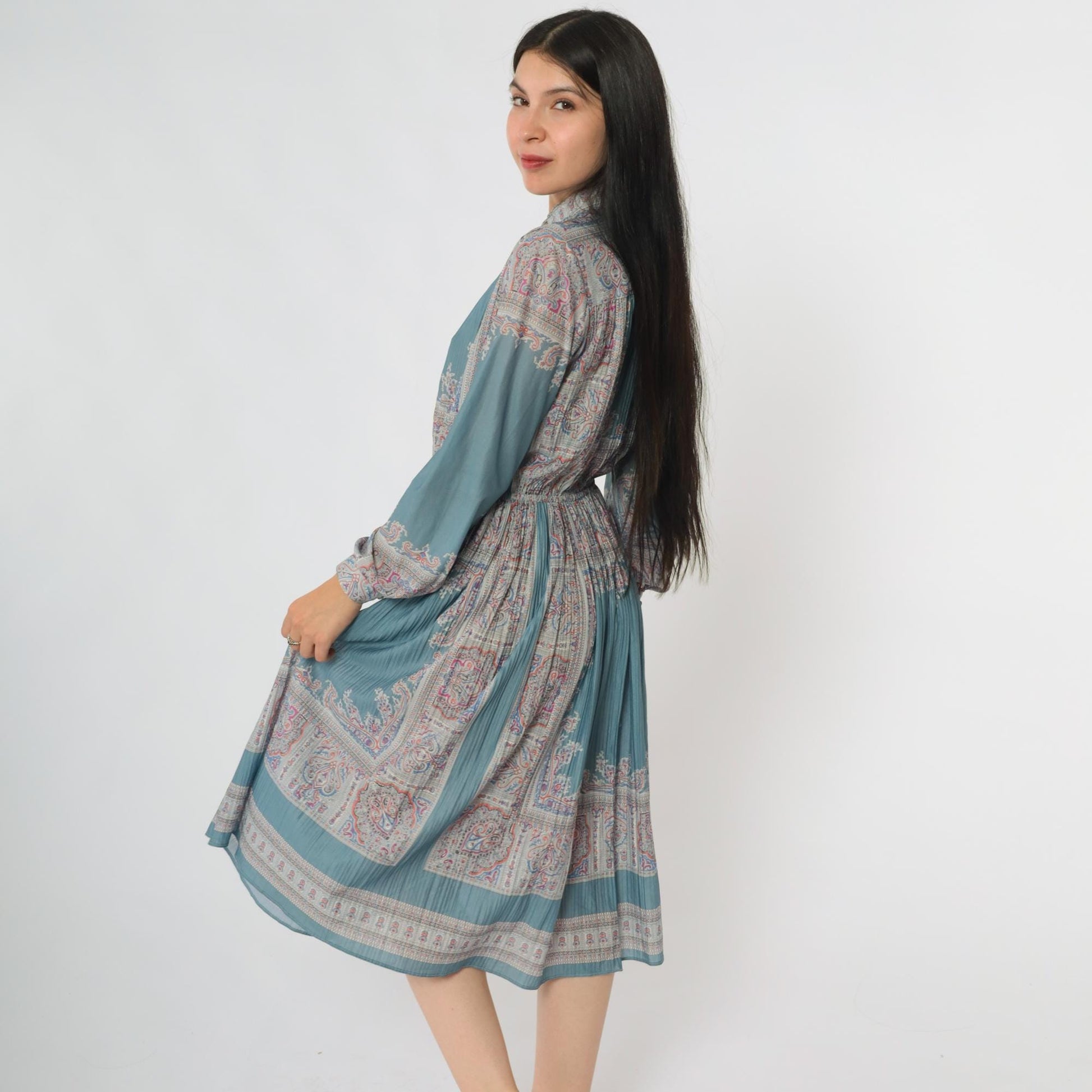 80s Hal Ferman Sage Green Midi Dress Paisley Floral Print Mandarin Collar Medium