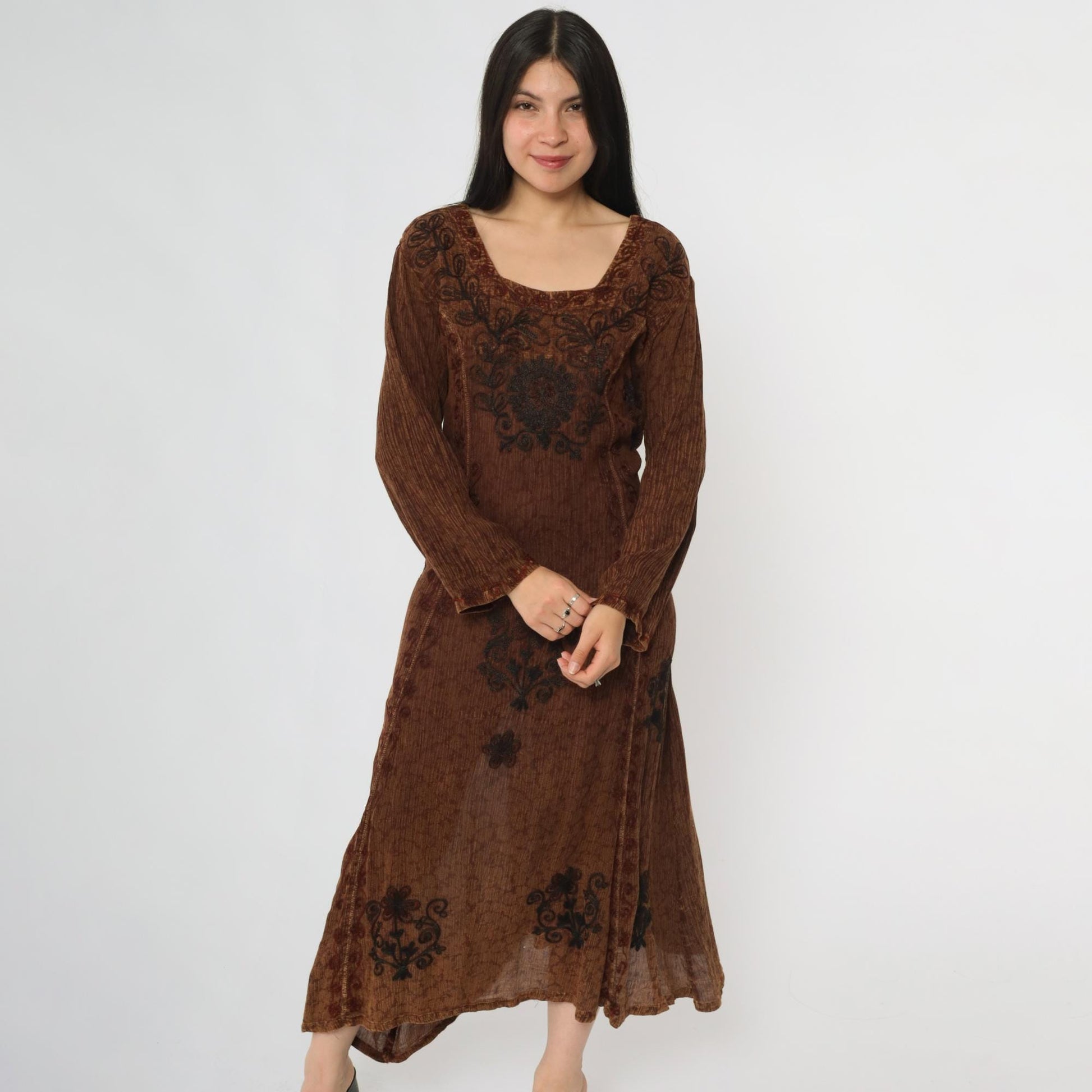 Y2K Brown Floral Embroidered Midi Dress Square Neck Long Sleeve Medium