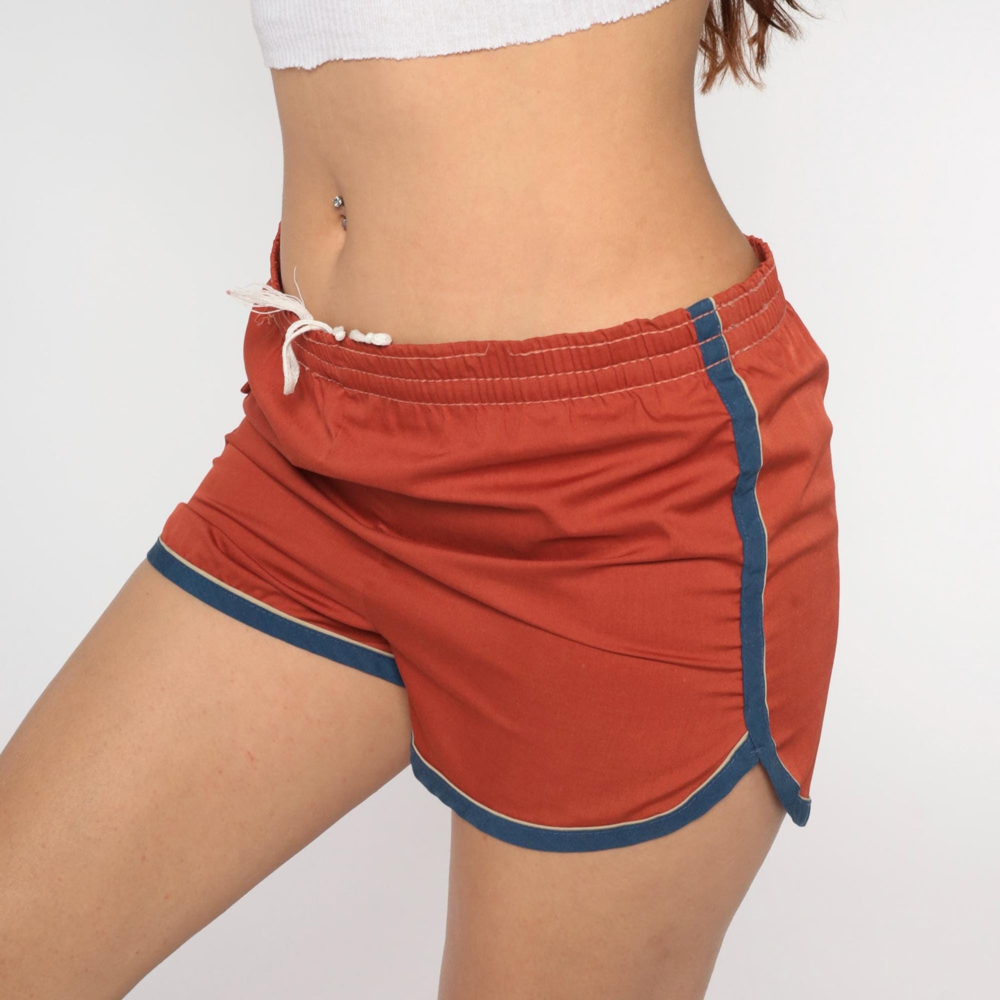 80s Brown Swim Shorts High Waist Elastic Drawstring Navy Piping Medium M
