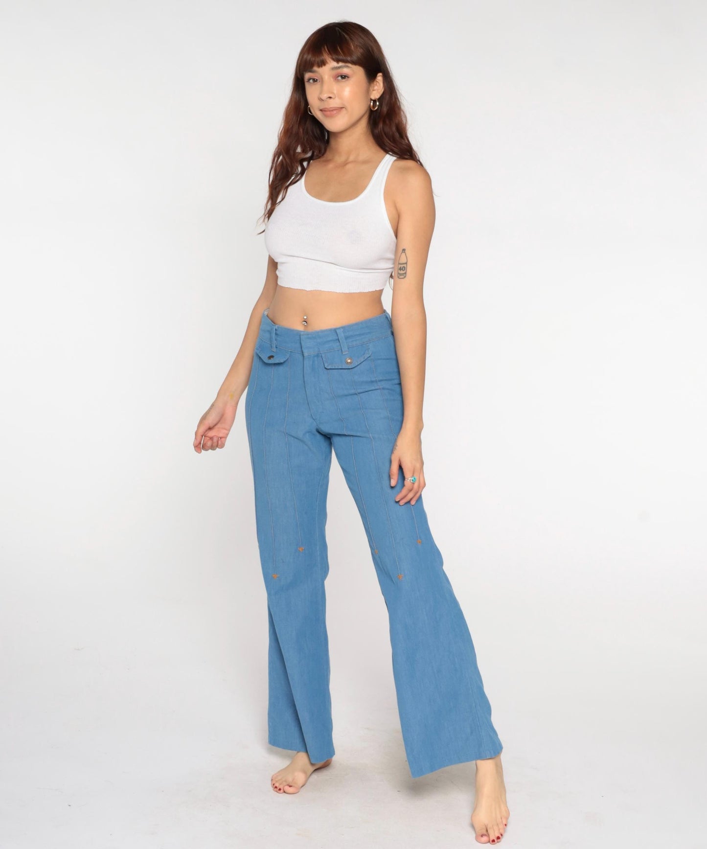 70s Sears Light Blue Flare Jeans High Waist Bell Bottom Denim 33x32