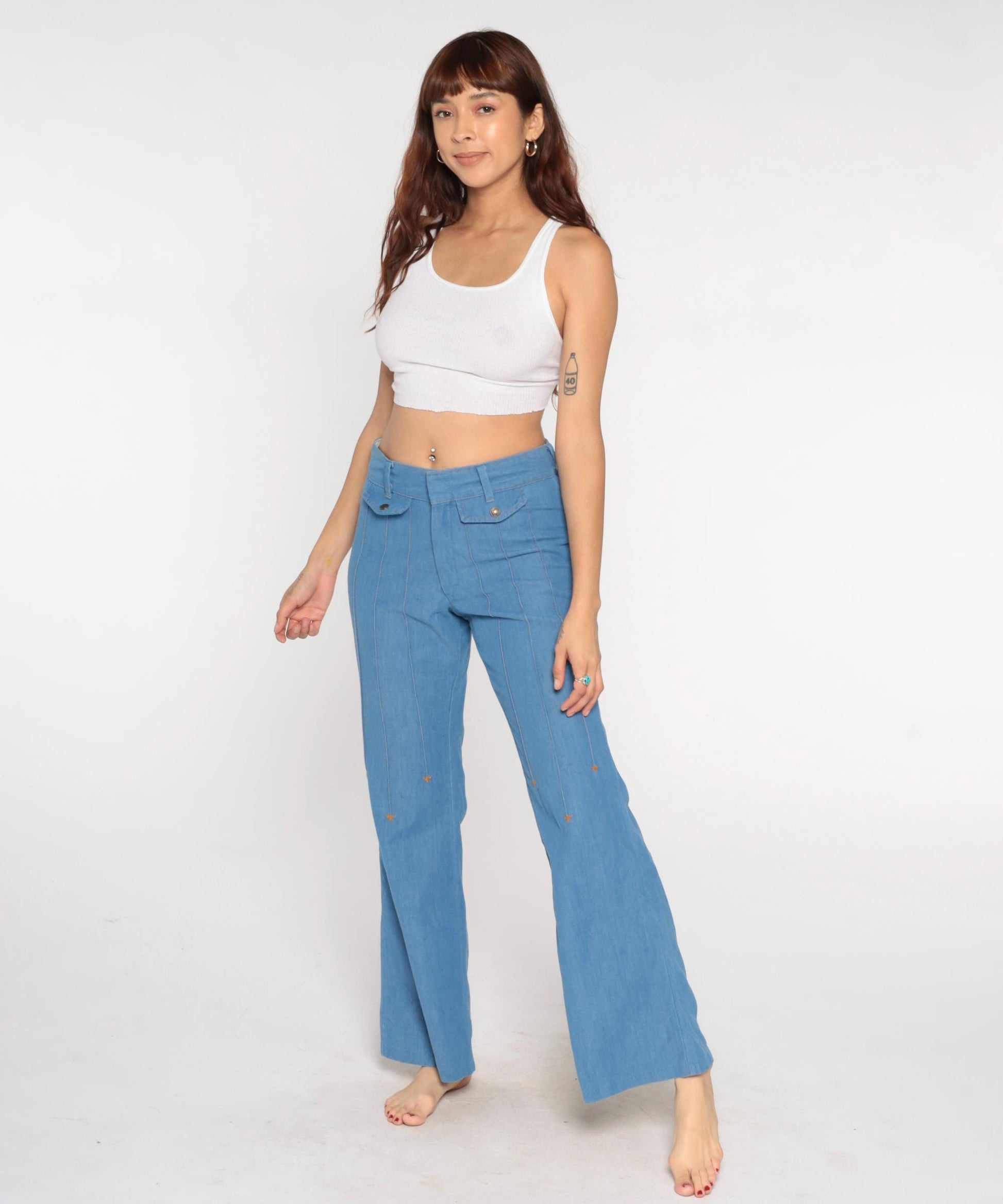 70s Sears Light Blue Flare Jeans High Waist Bell Bottom Denim 33x32