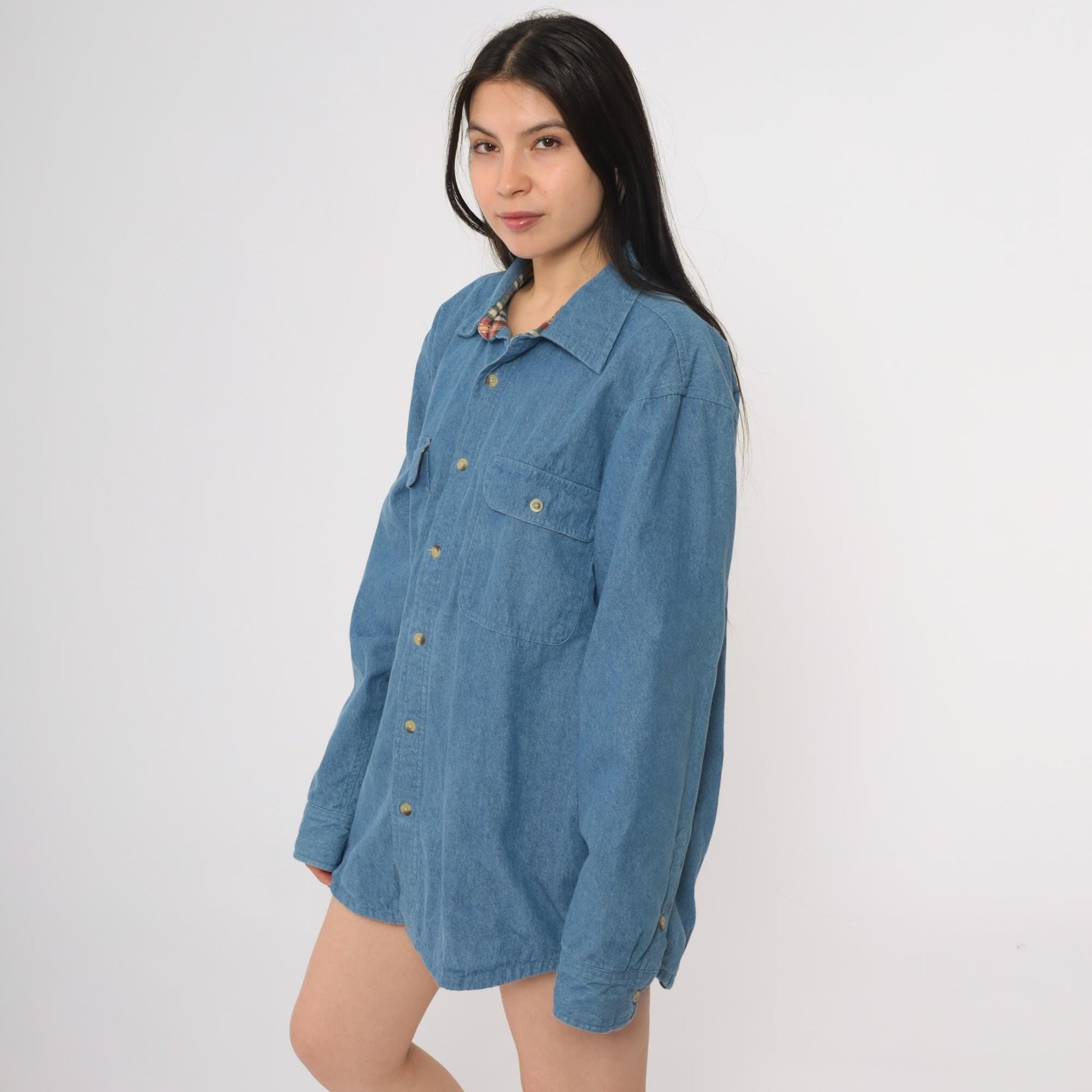 90s Scandia Woods Denim Shirt Flannel Lined Blue Button Down Large L