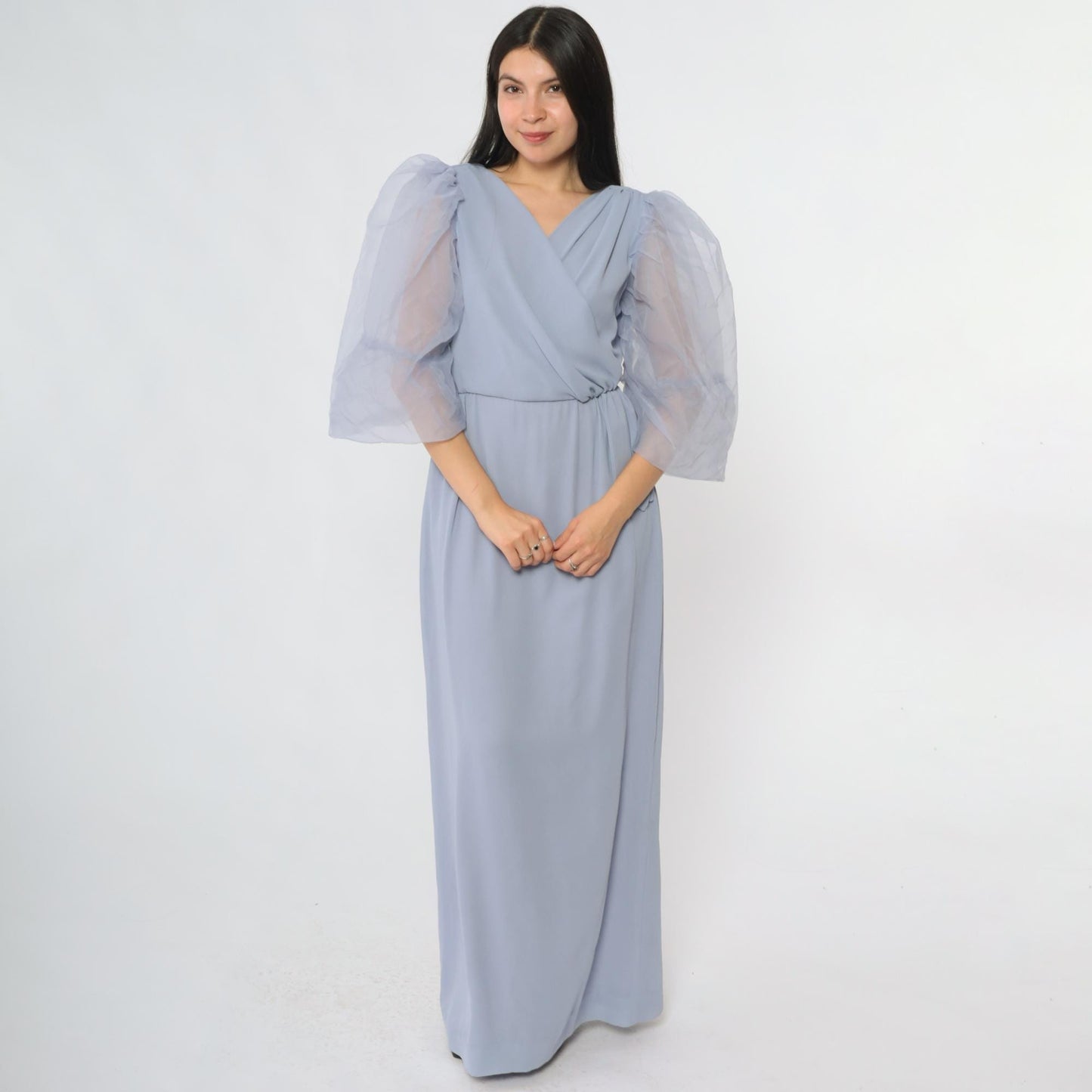 80s Miss Elliette Periwinkle Maxi Dress Puff Sleeve Wrap V-Neck Extra Small XS