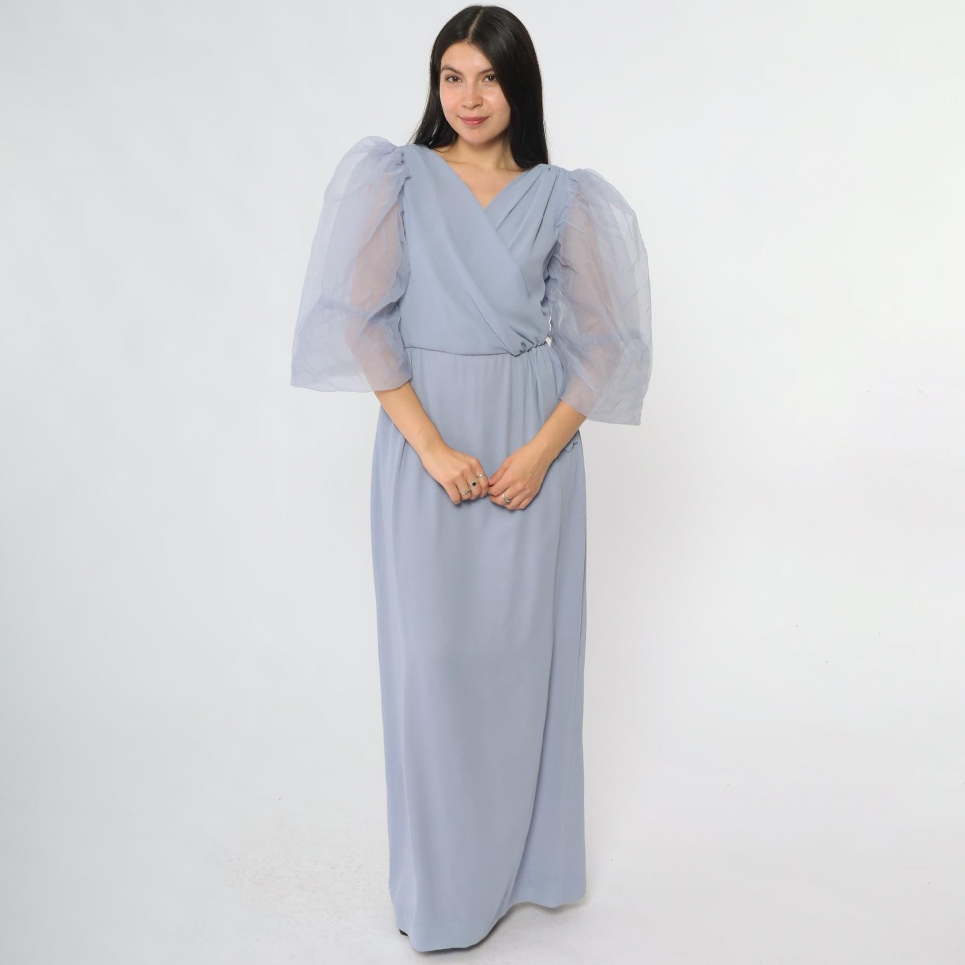 80s Miss Elliette Periwinkle Maxi Dress Puff Sleeve Wrap V-Neck Extra Small XS