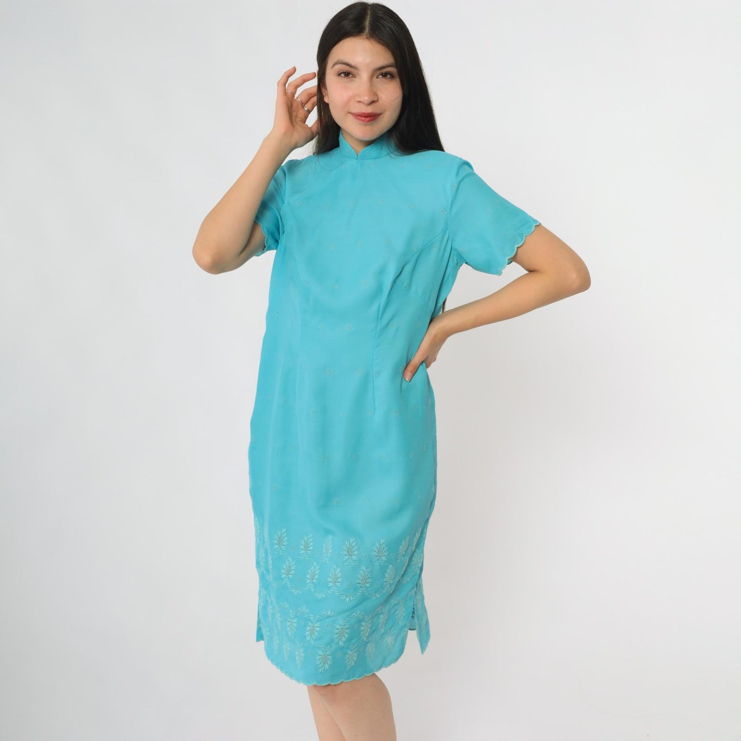 60s Turquoise Shift Dress Mandarin Collar Embroidered Eyelet Mini Large L