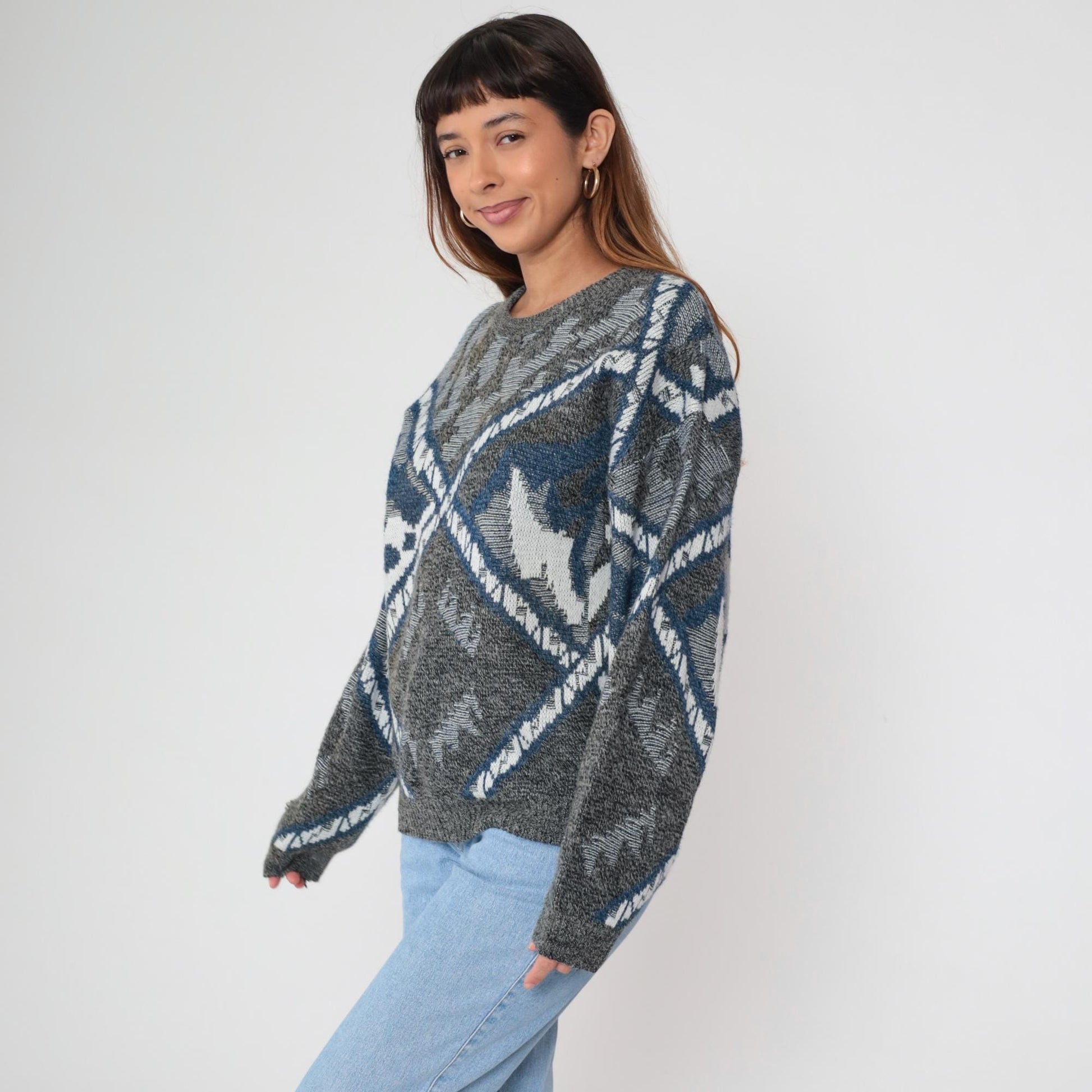 80s Geometric Sweater Crewneck Knit Grey Blue Southwestern Diamond Pattern Large L