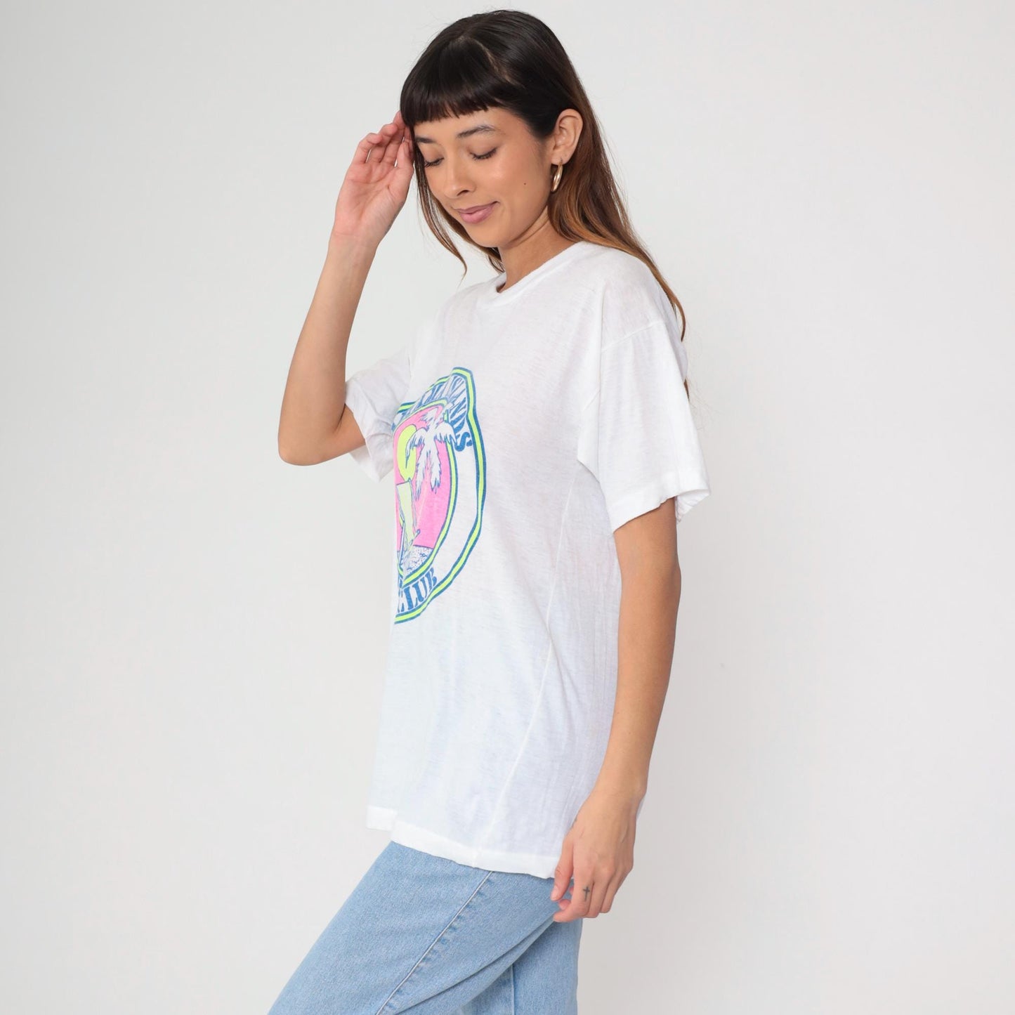 90s Bahama Islands Beach Club T-Shirt White Palm Tree Graphic Small