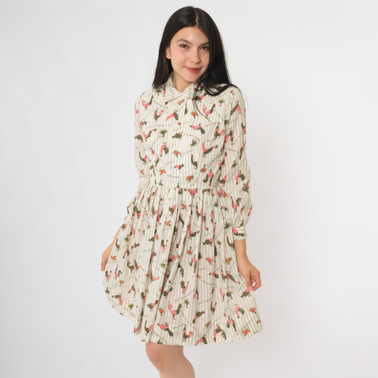 60s Rooster Print Cream Dress Peter Pan Collar Button Front Extra Small XS
