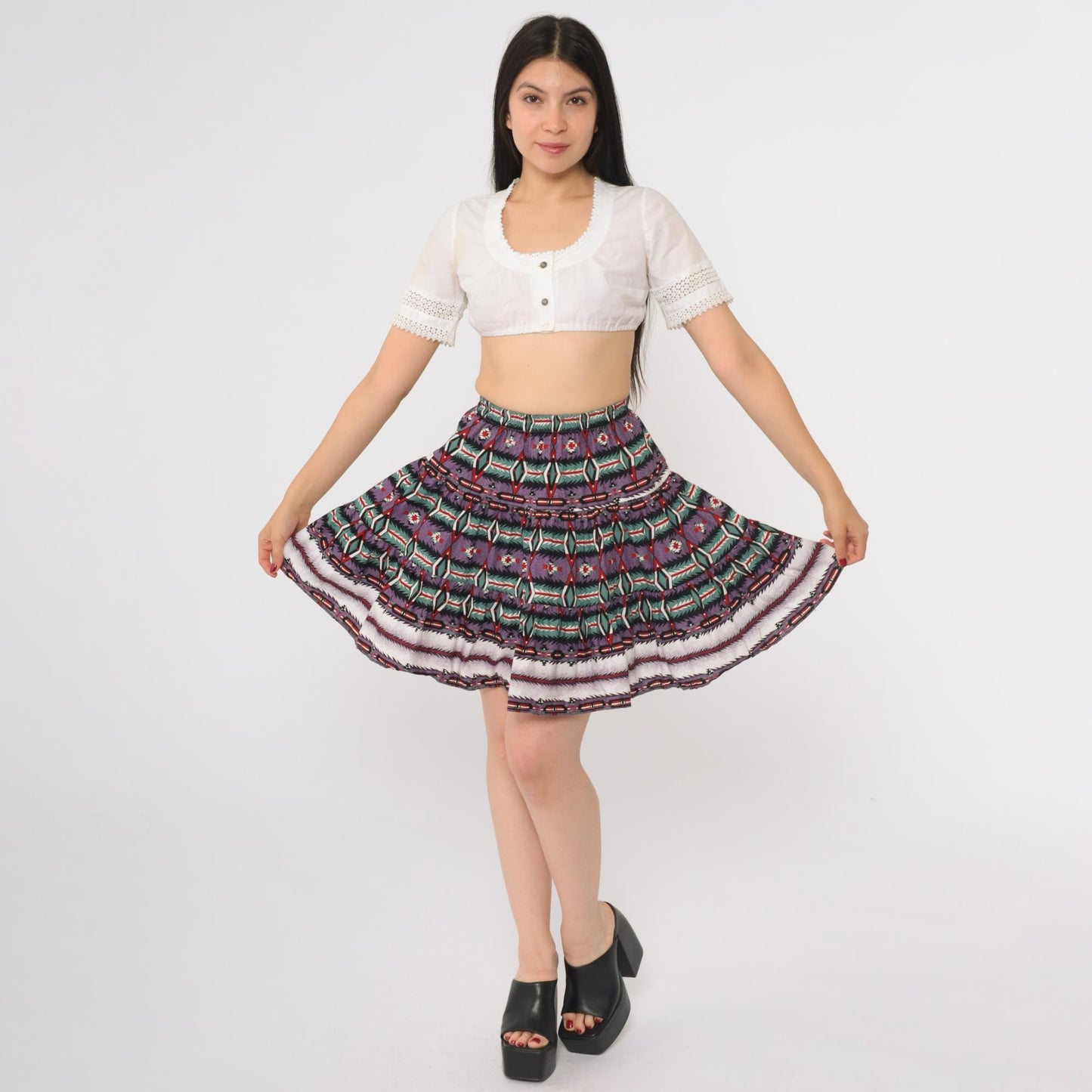 90s Roughrider Purple Green Geometric Southwest Circle Mini Skirt Extra Small