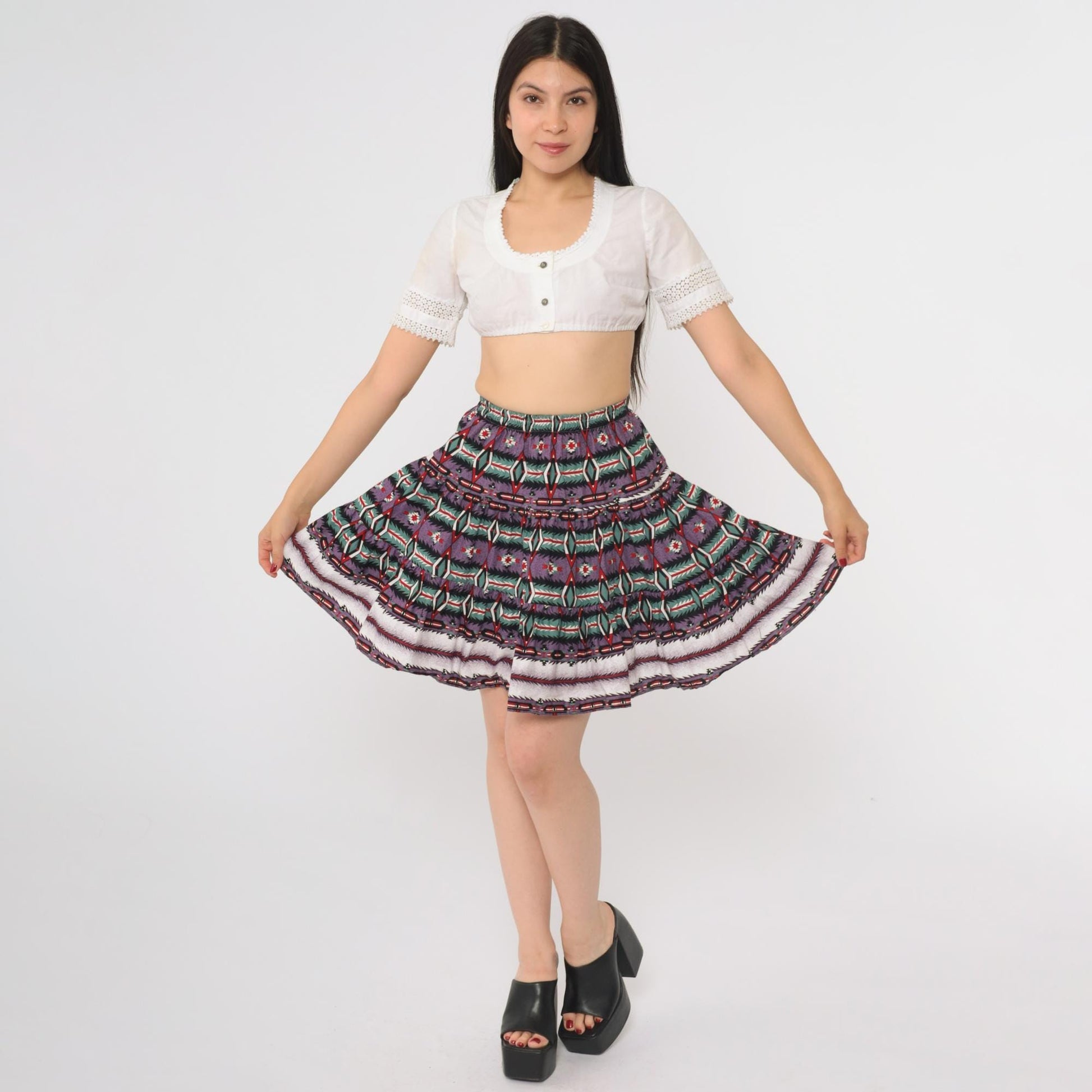 90s Roughrider Purple Green Geometric Southwest Circle Mini Skirt Extra Small