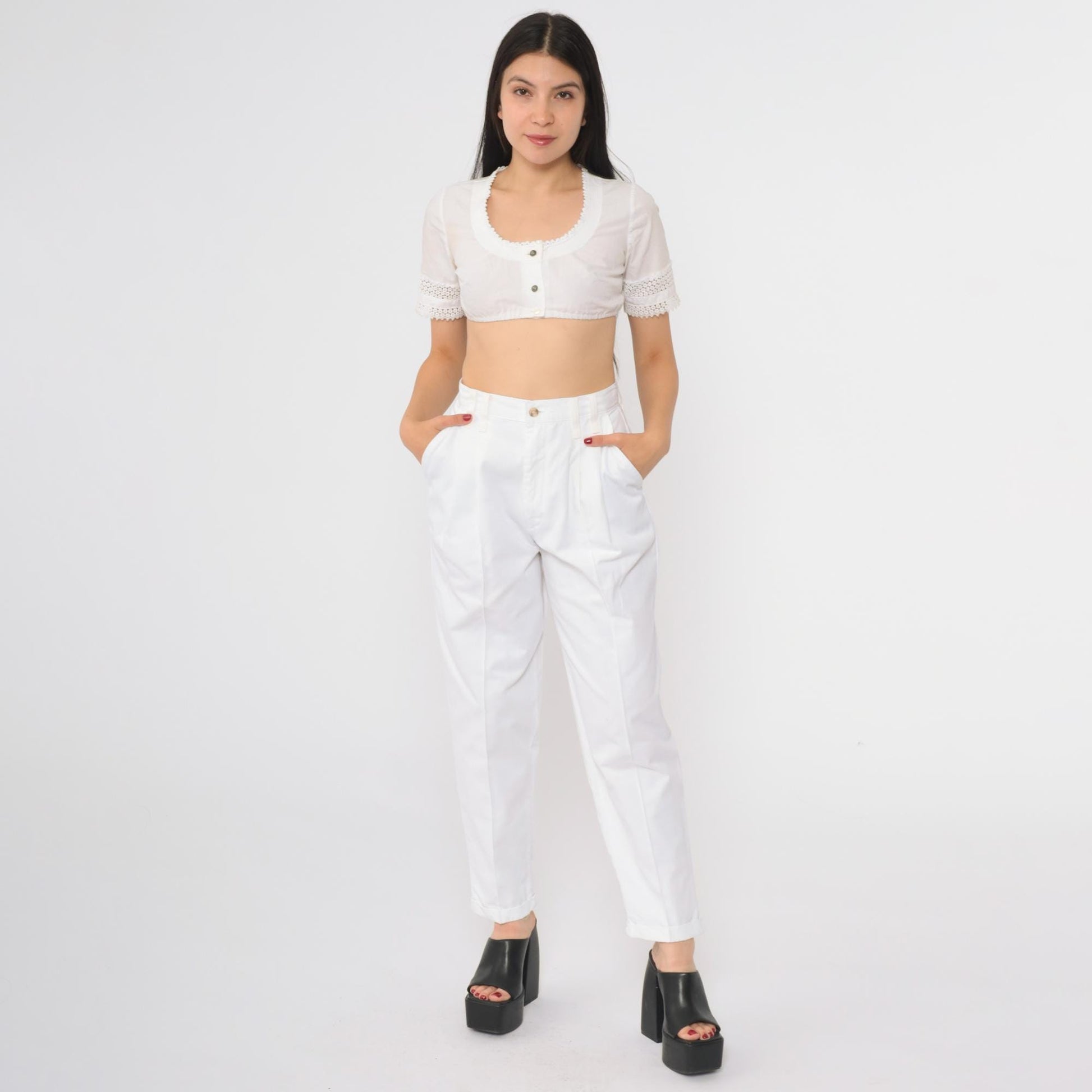90s Chic White Cotton High-Waisted Straight Leg Trousers Petite 10