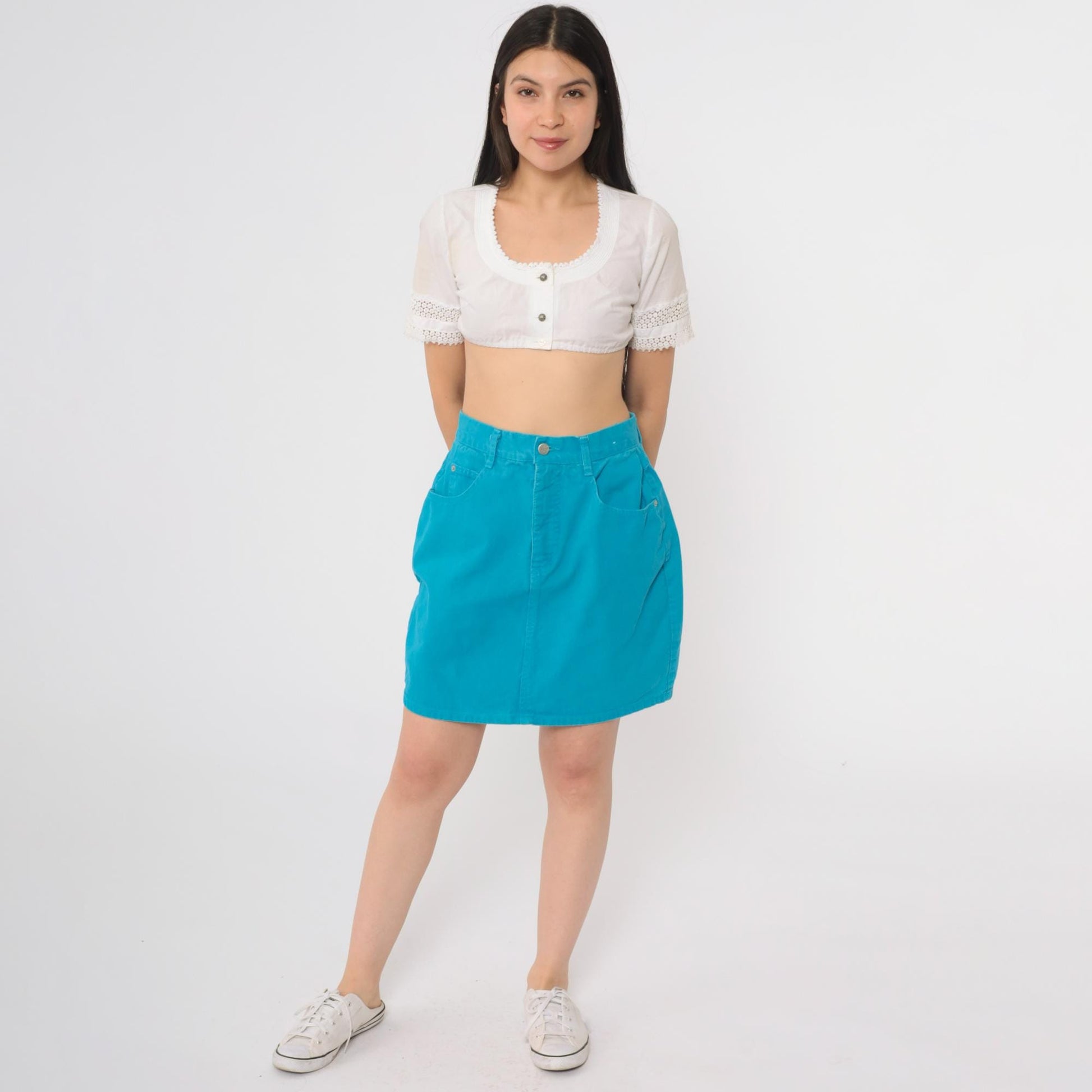 90s Steel Jeans Turquoise Denim Mini Skirt High Waisted A-Line Size 13