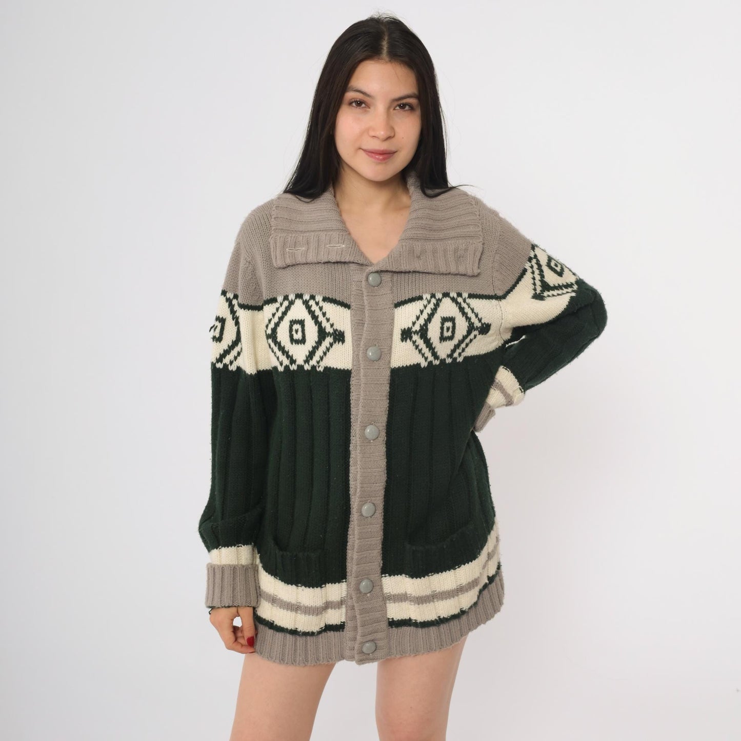 70s Sigallo Cardigan Sweater Taupe Green Diamond Shawl Collar Large L