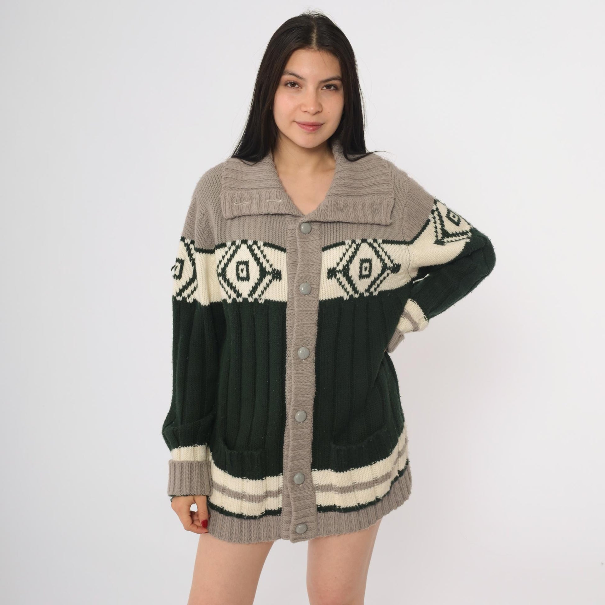 70s Sigallo Cardigan Sweater Taupe Green Diamond Shawl Collar Large L