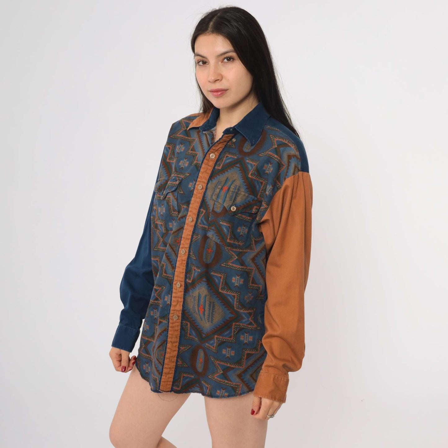 90s Panhandle Slim Western Shirt Aztec Colorblock Snap Button Medium