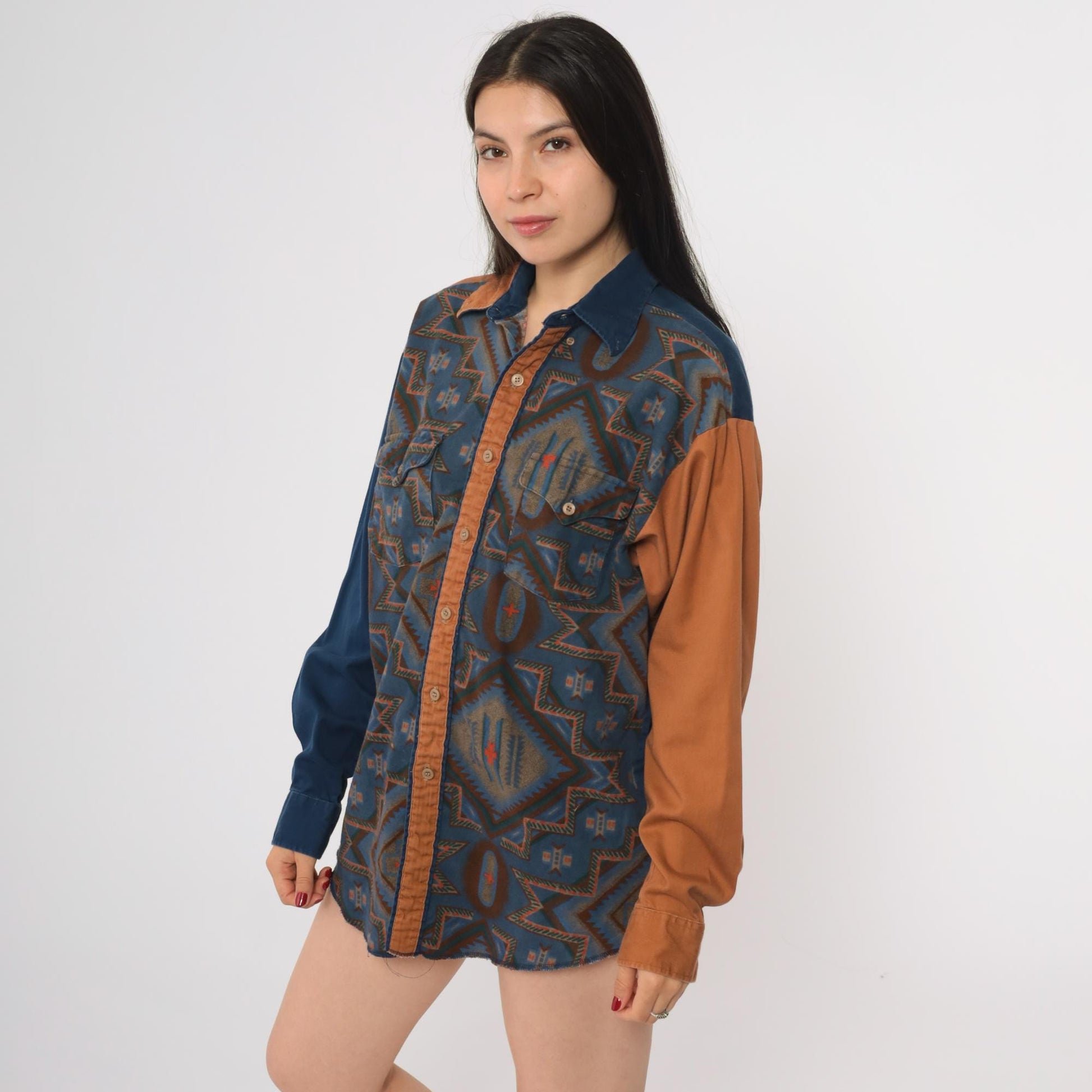 90s Panhandle Slim Western Shirt Aztec Colorblock Snap Button Medium