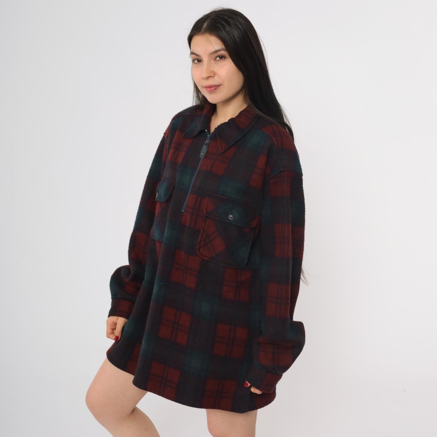 90s Badge Buffalo Check Plaid Shacket Green Burgundy Black Medium M