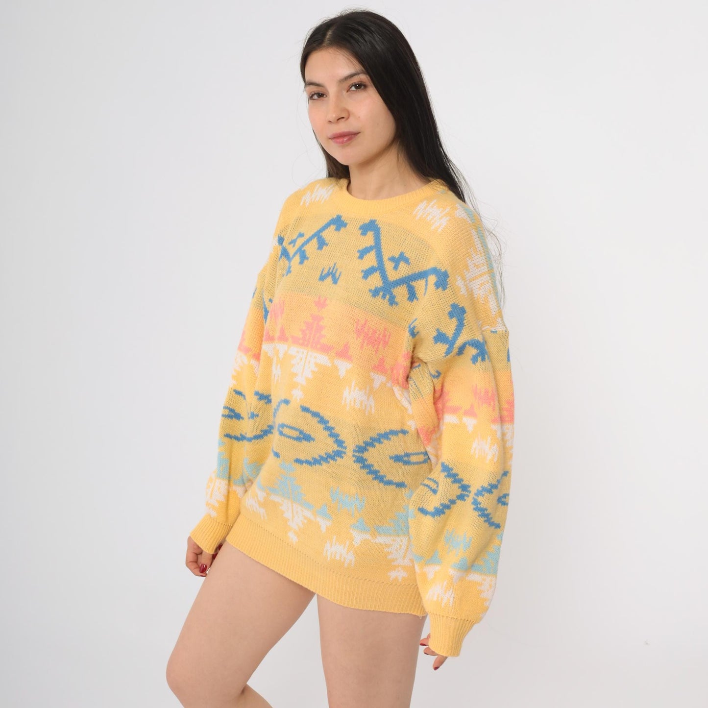 90s Joan Harper Geometric Tribal Sweater Yellow Blue Pink Large L