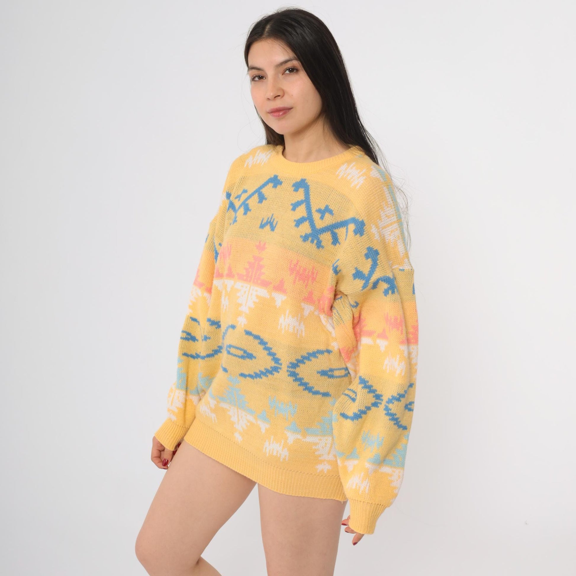 90s Joan Harper Geometric Tribal Sweater Yellow Blue Pink Large L