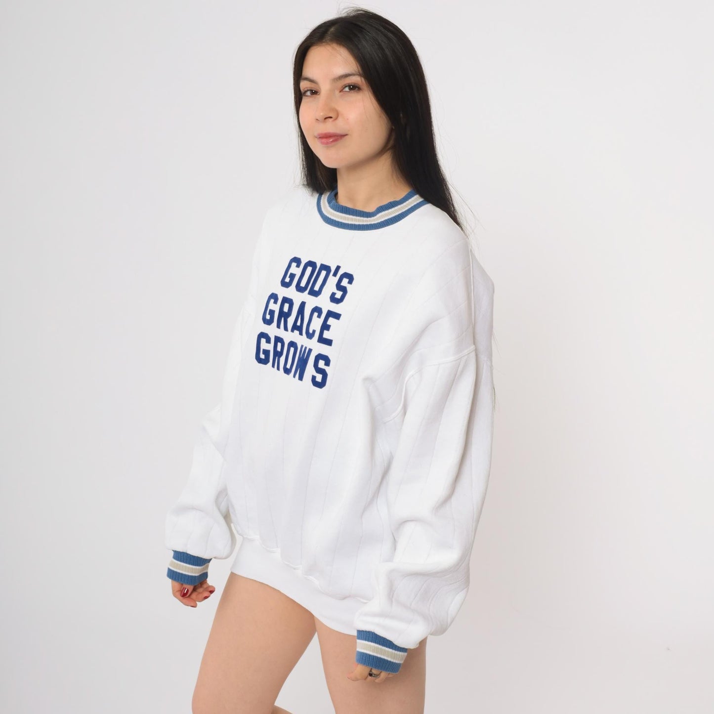 90s Jerzees God's Grace Grows Christian Sweatshirt White Navy Extra Large XL