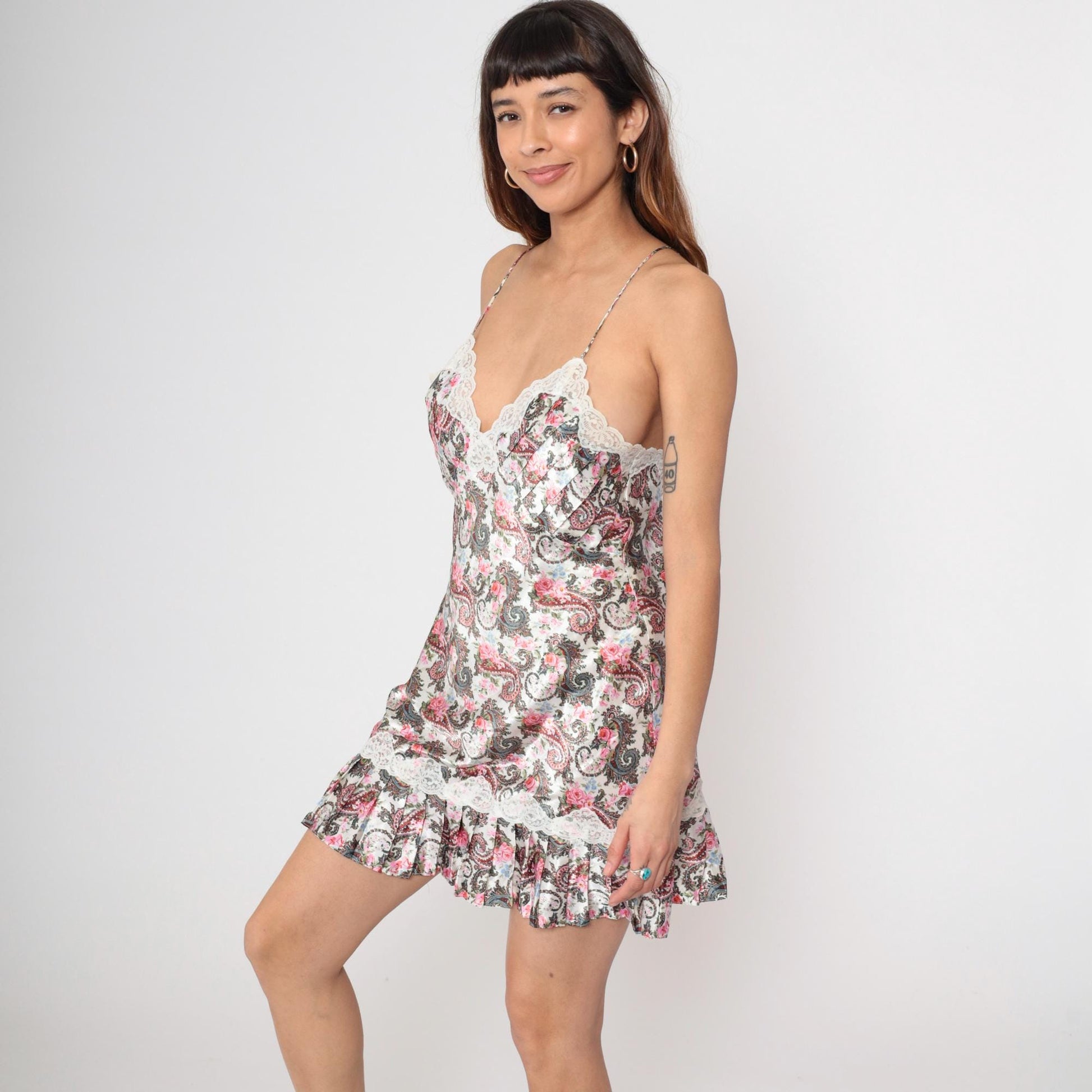 90s Victoria's Secret White Floral Satin Slip Dress Empire Waist Medium