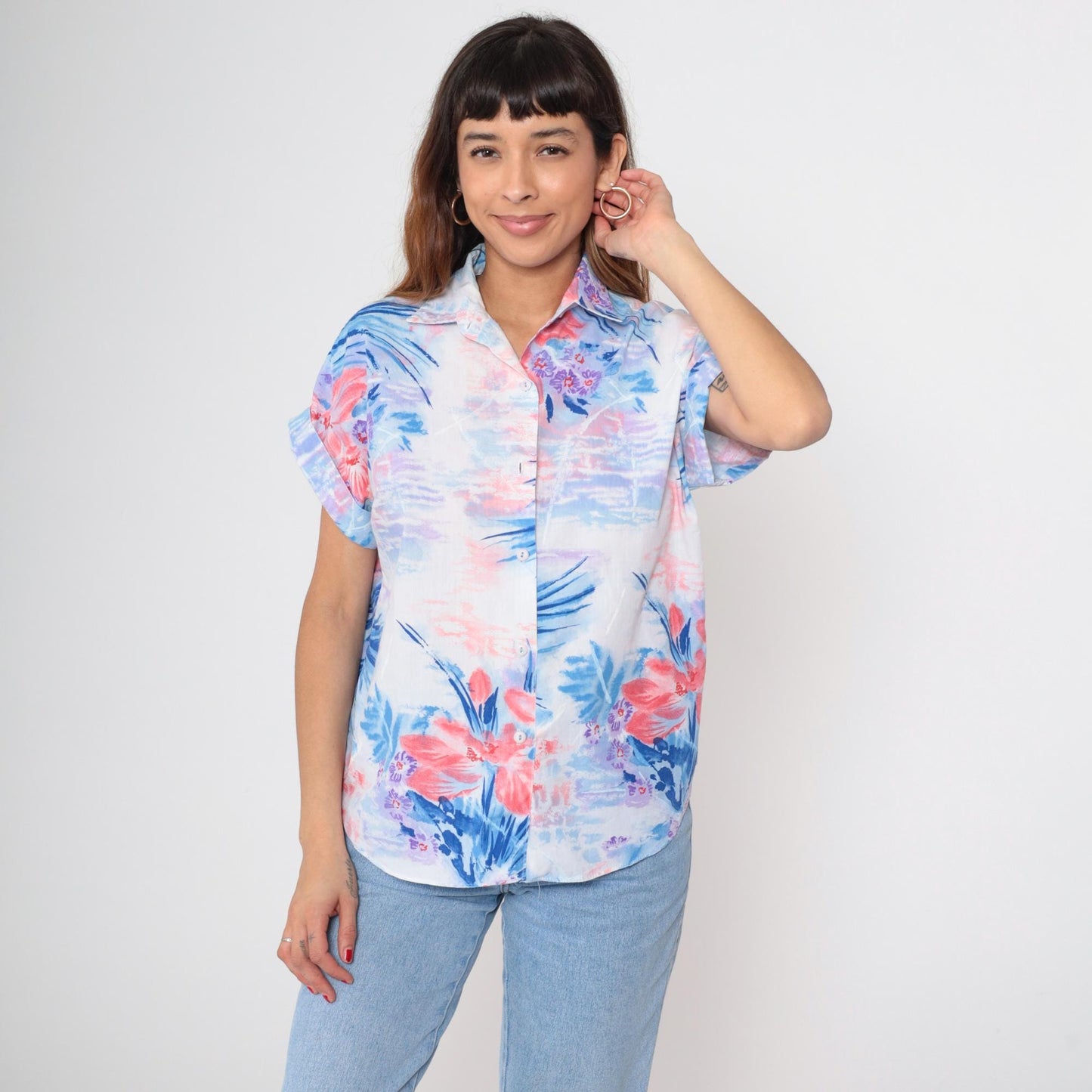 90s Watercolor Floral Button-Up Blouse Short Sleeve Collared Shirt Medium M