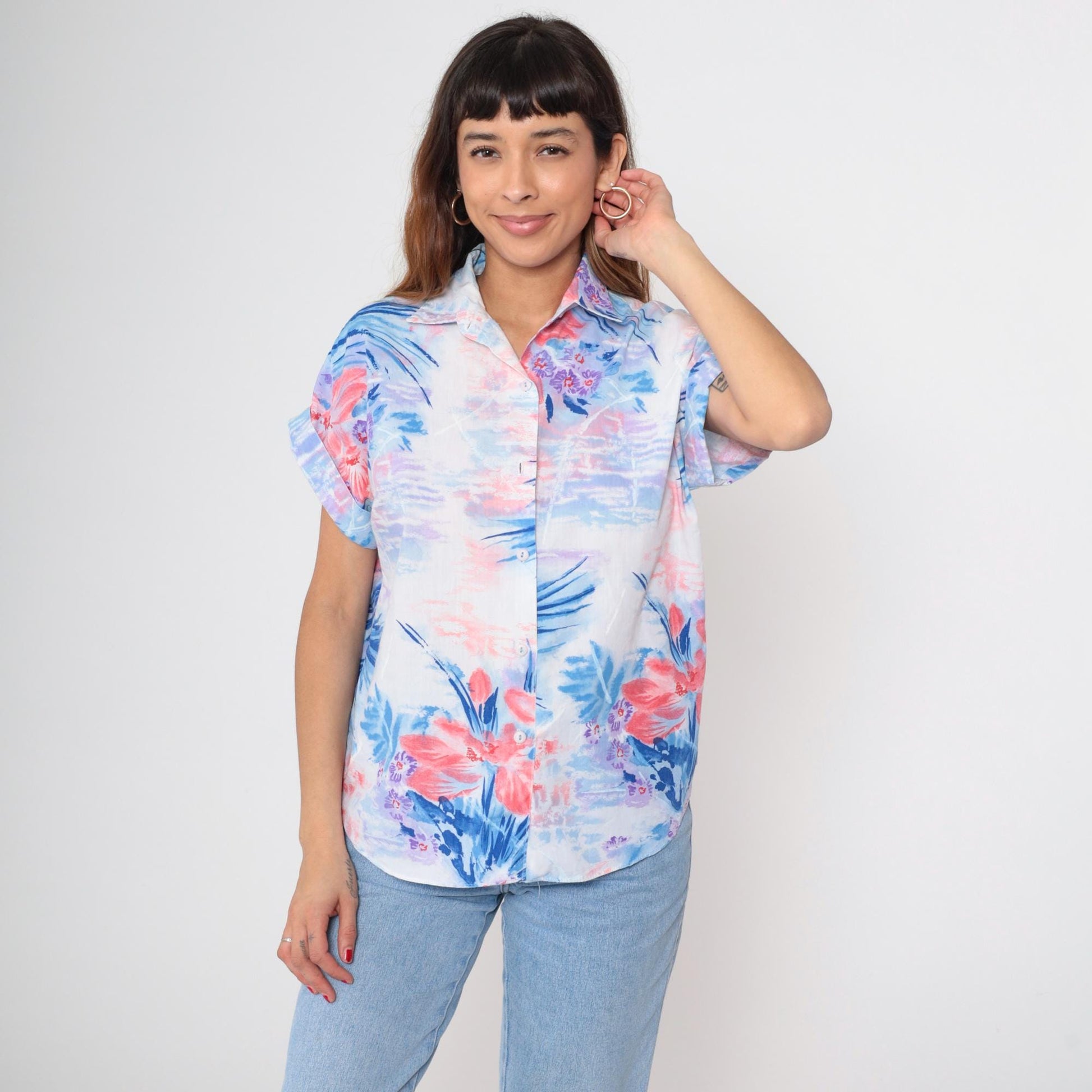 90s Watercolor Floral Button-Up Blouse Short Sleeve Collared Shirt Medium M