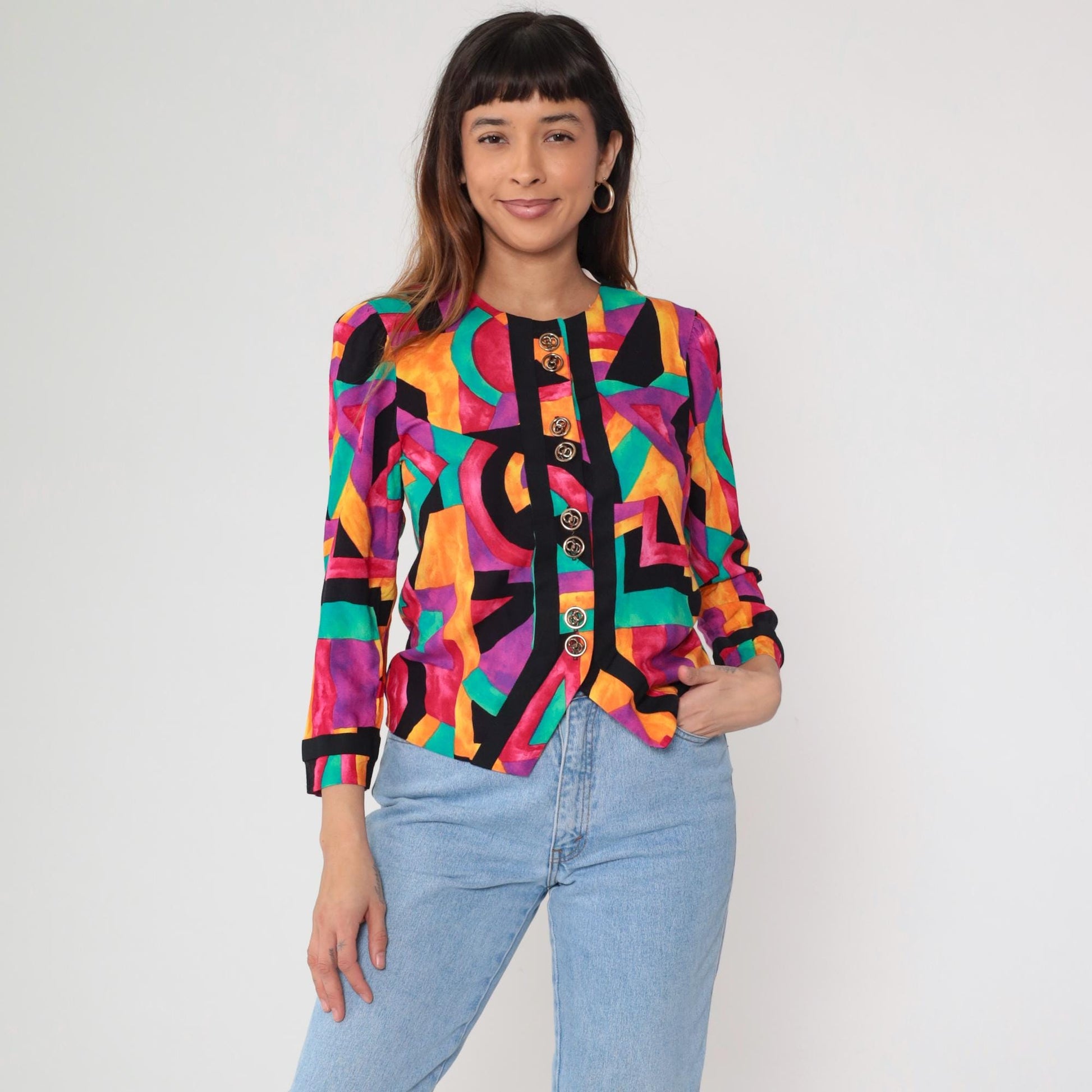 90s Lady Carol Petites Geometric Rayon Blazer Rainbow Abstract Gold Buttons Small