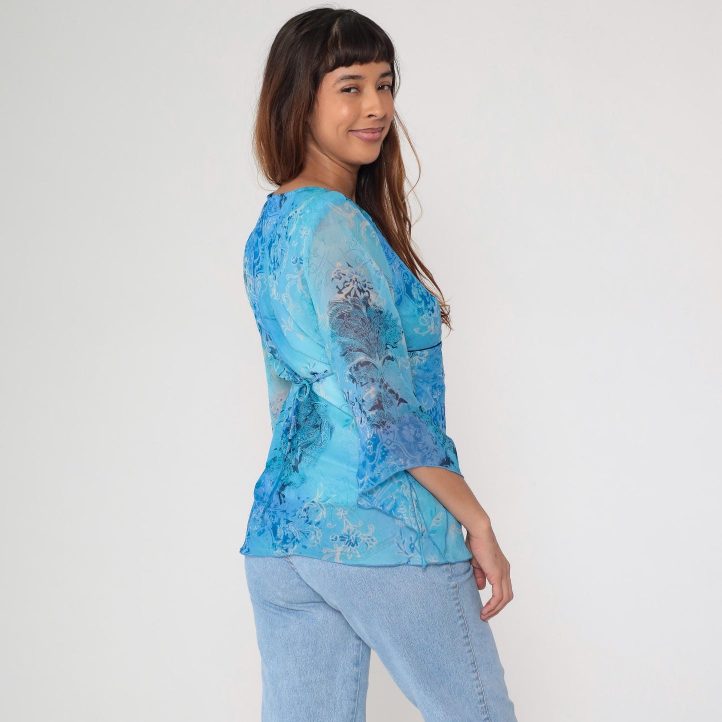 Y2K Dressbarn Wrap Top Blue Paisley Floral V-Neck Three Quarter Sleeve Large L