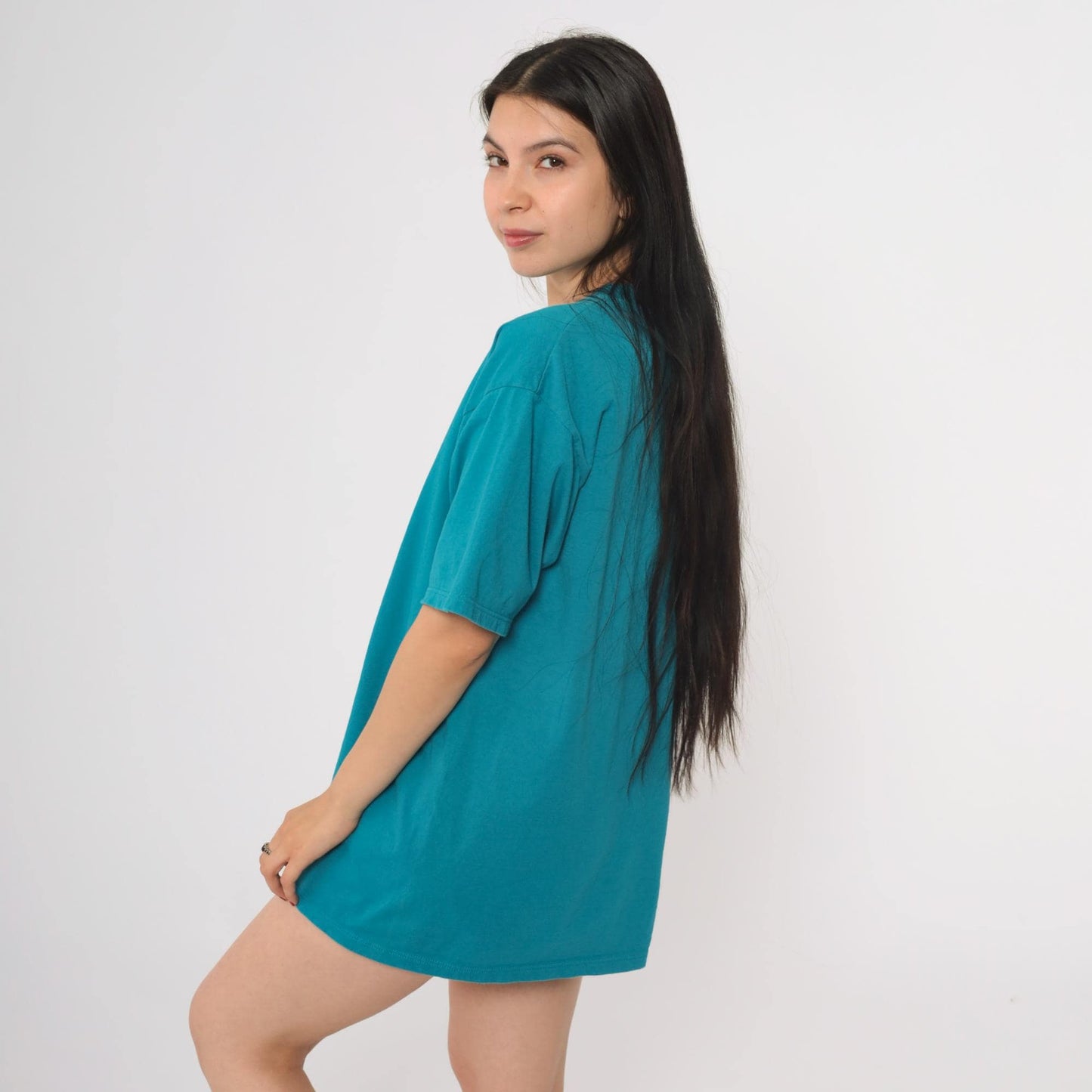 90s Russell Athletic Teal Embroidered Logo T-Shirt Cotton Crew Neck Large L