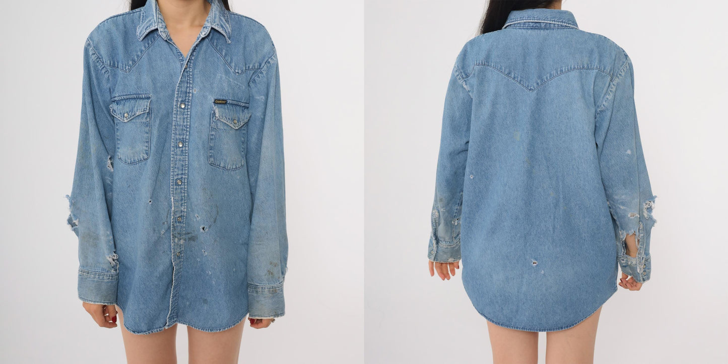 90s Osh Kosh B'Gosh Denim Shirt Distressed Ripped Frayed Blue Medium