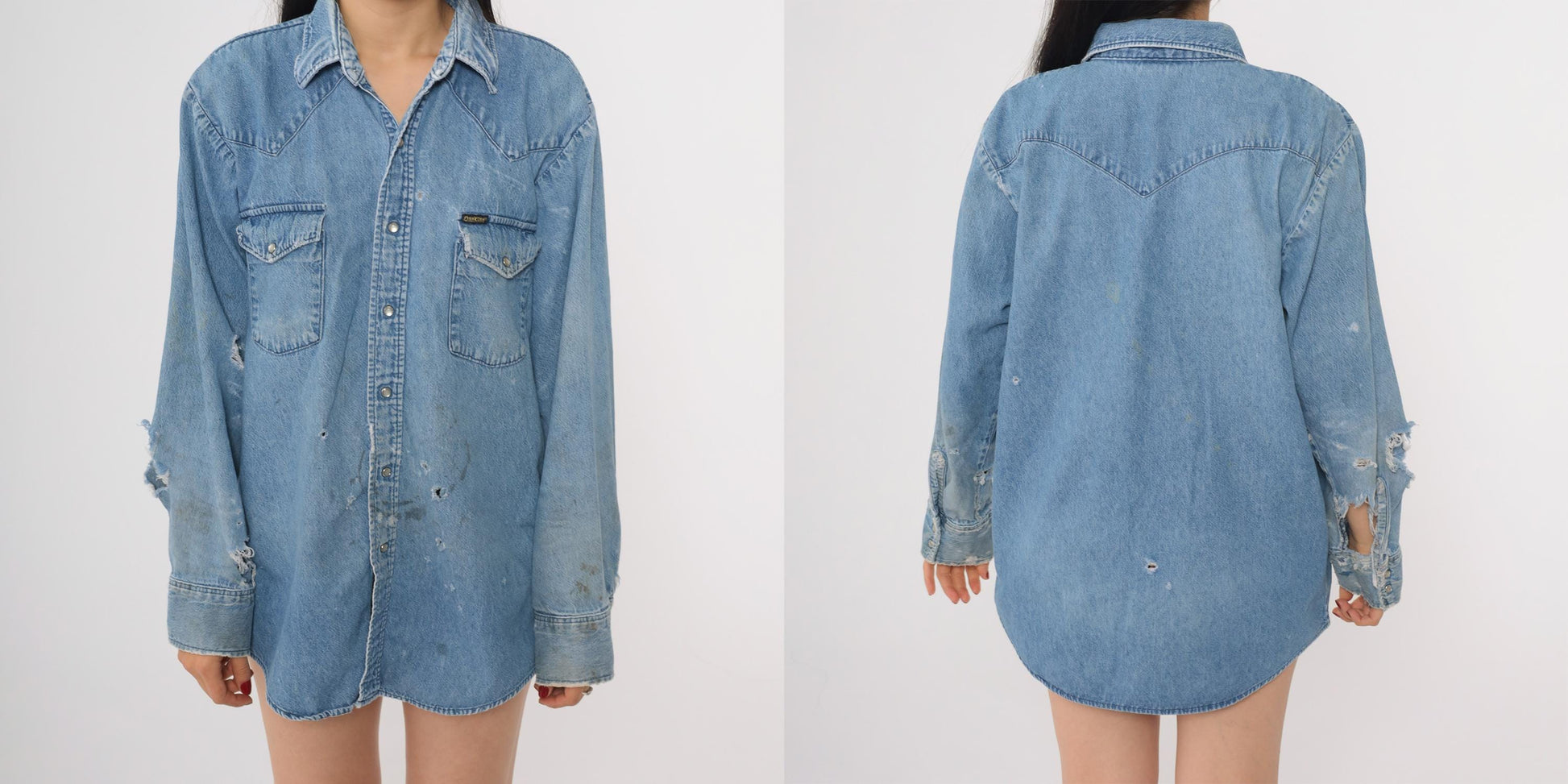 90s Osh Kosh B'Gosh Denim Shirt Distressed Ripped Frayed Blue Medium