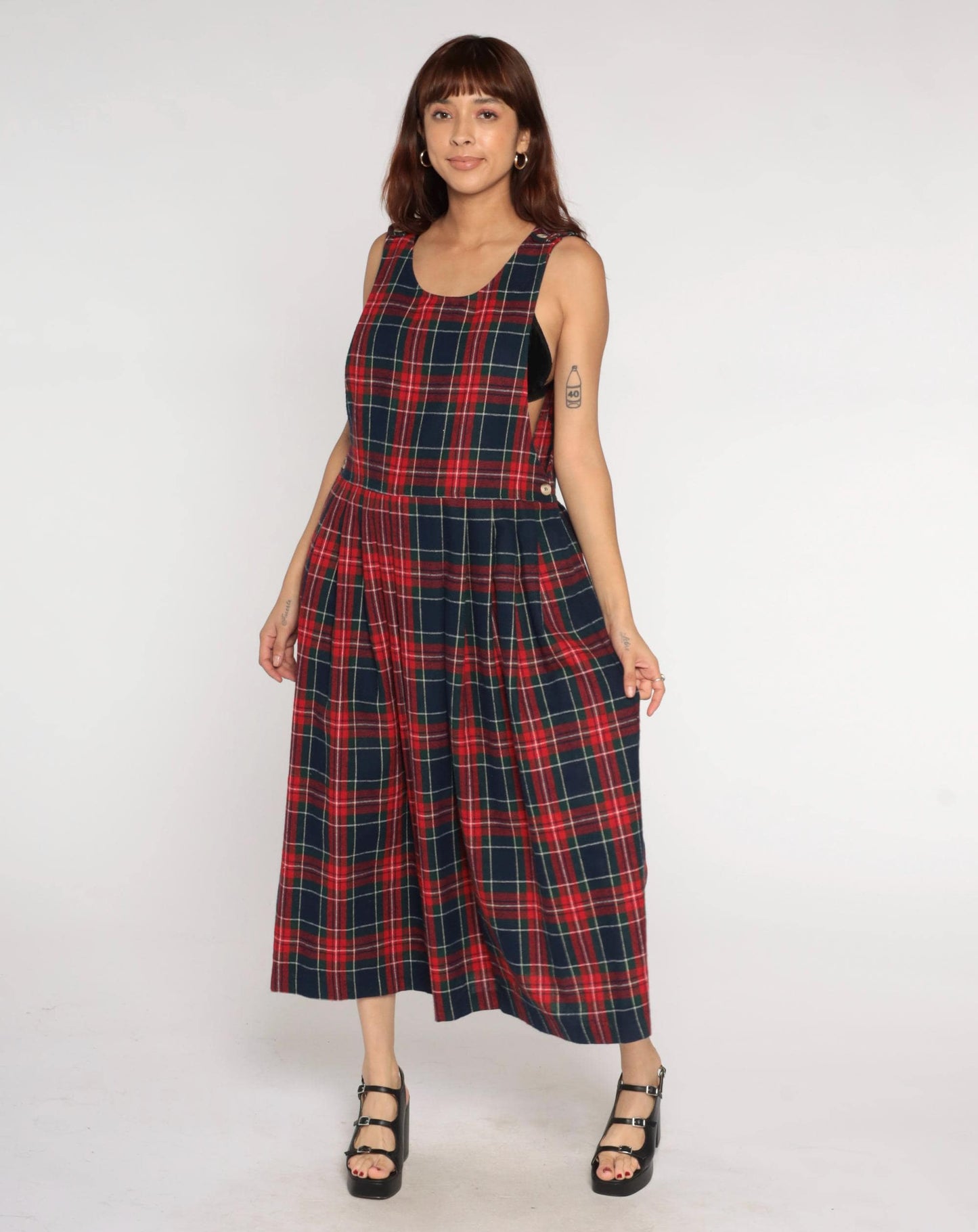 90s Willow Bend Plaid Pinafore Midi Dress Green Red Wool Blend Large