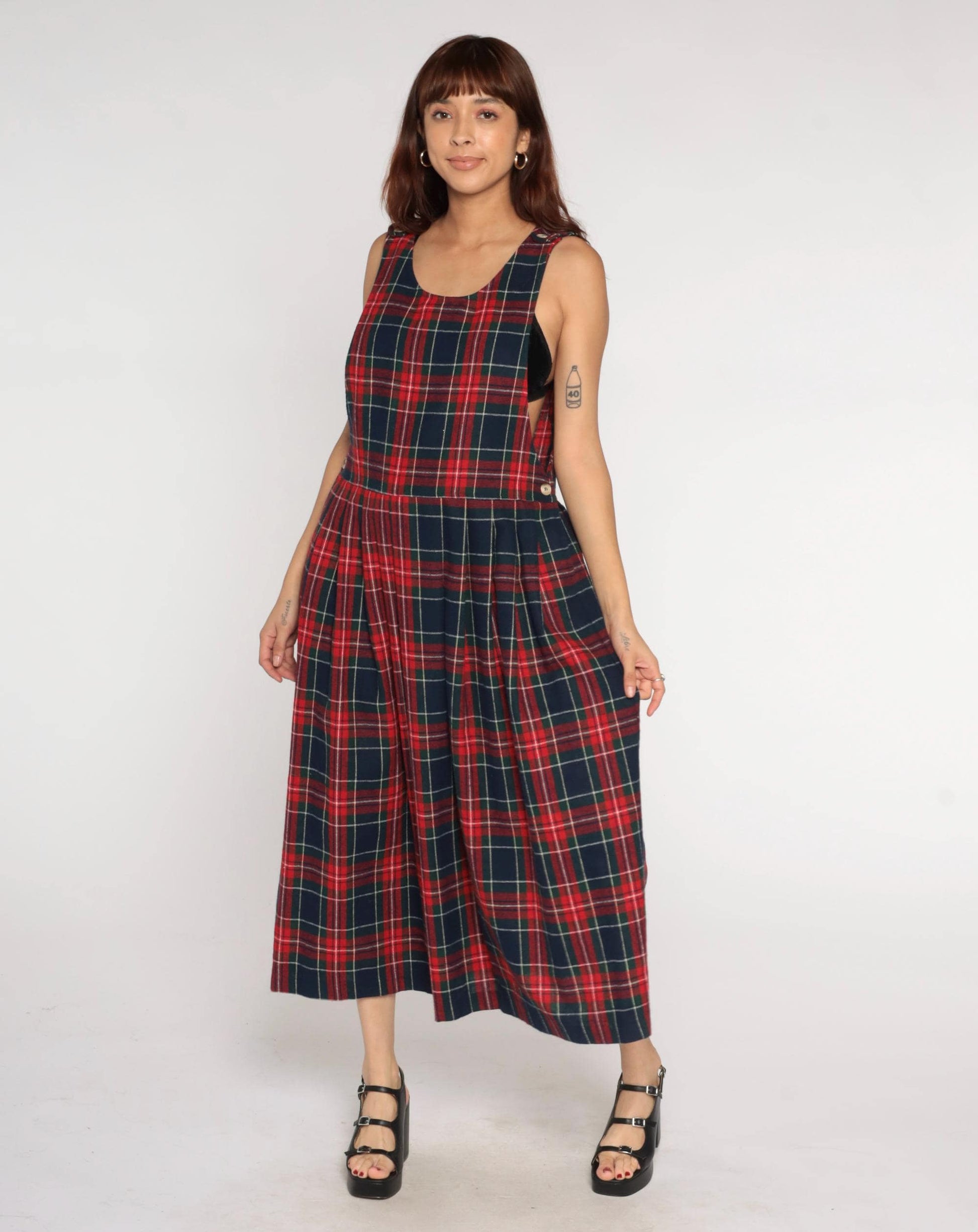 90s Willow Bend Plaid Pinafore Midi Dress Green Red Wool Blend Large
