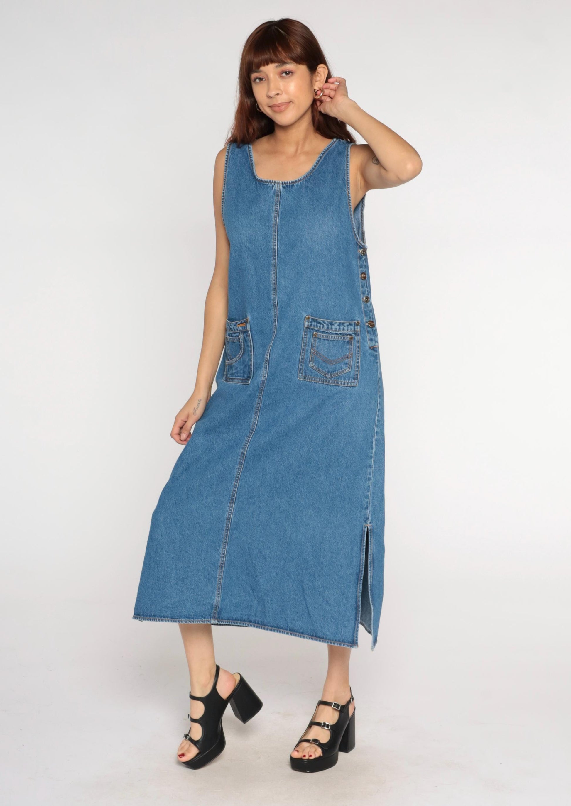 90s Agapo Denim Jumper Dress Blue Cotton Ankle Length Sleeveless Medium M