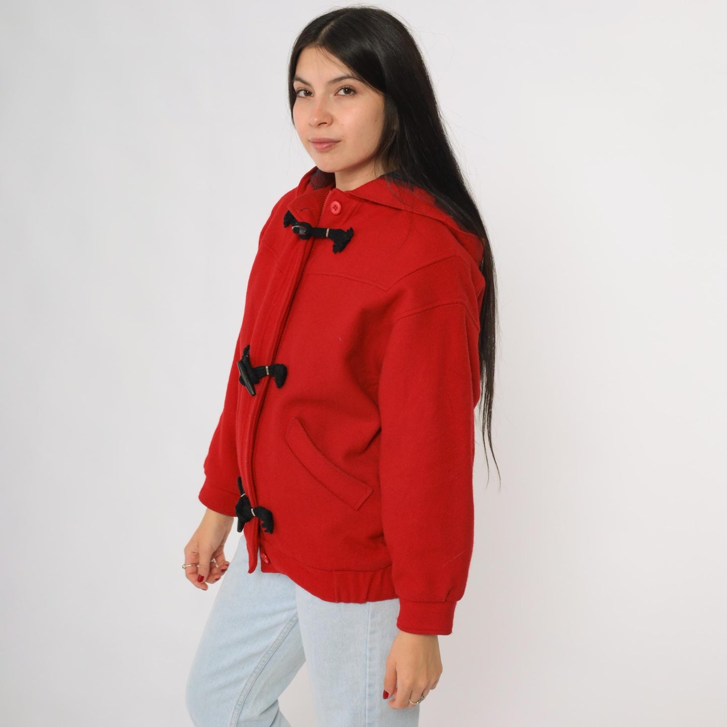 70s Woolrich Red Wool Duffle Coat Hooded Toggle Closures Plaid Lining Small