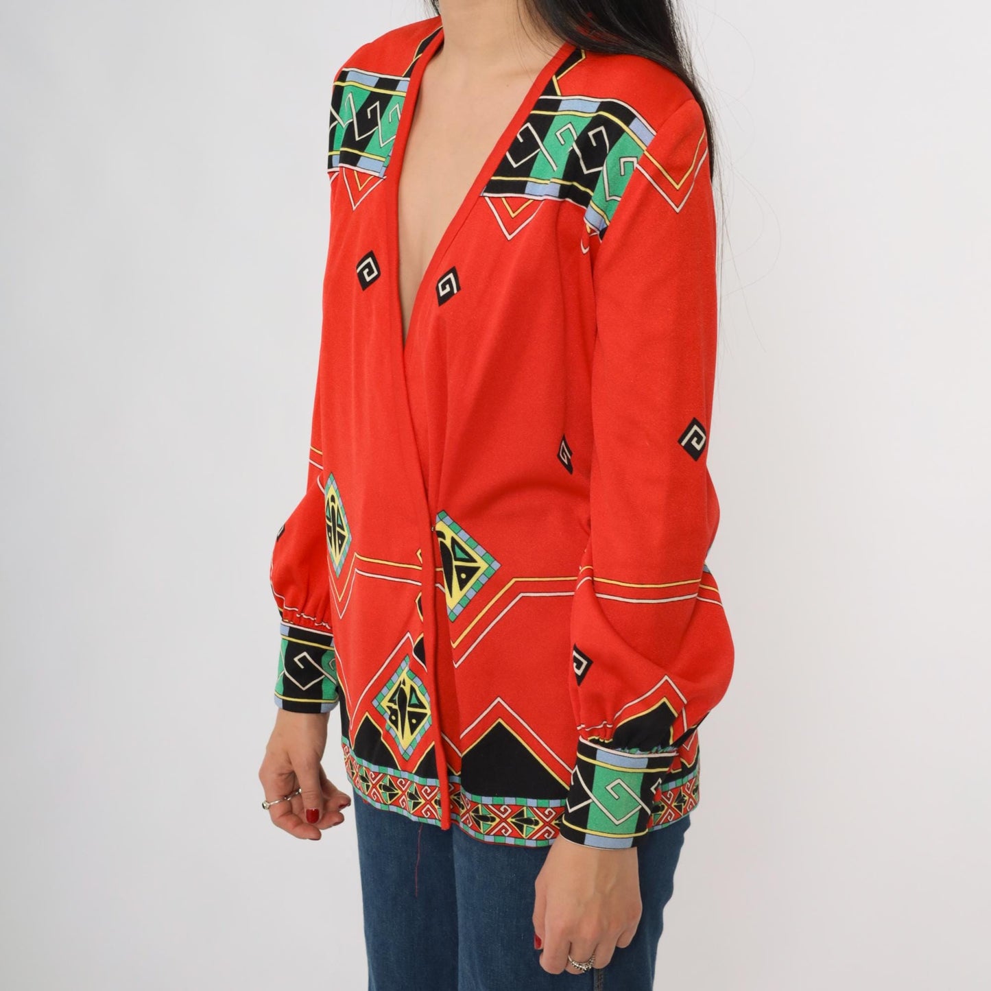 60s Paganne Gene Berk Red Wrap Blouse Geometric Tribal Print V-Neck