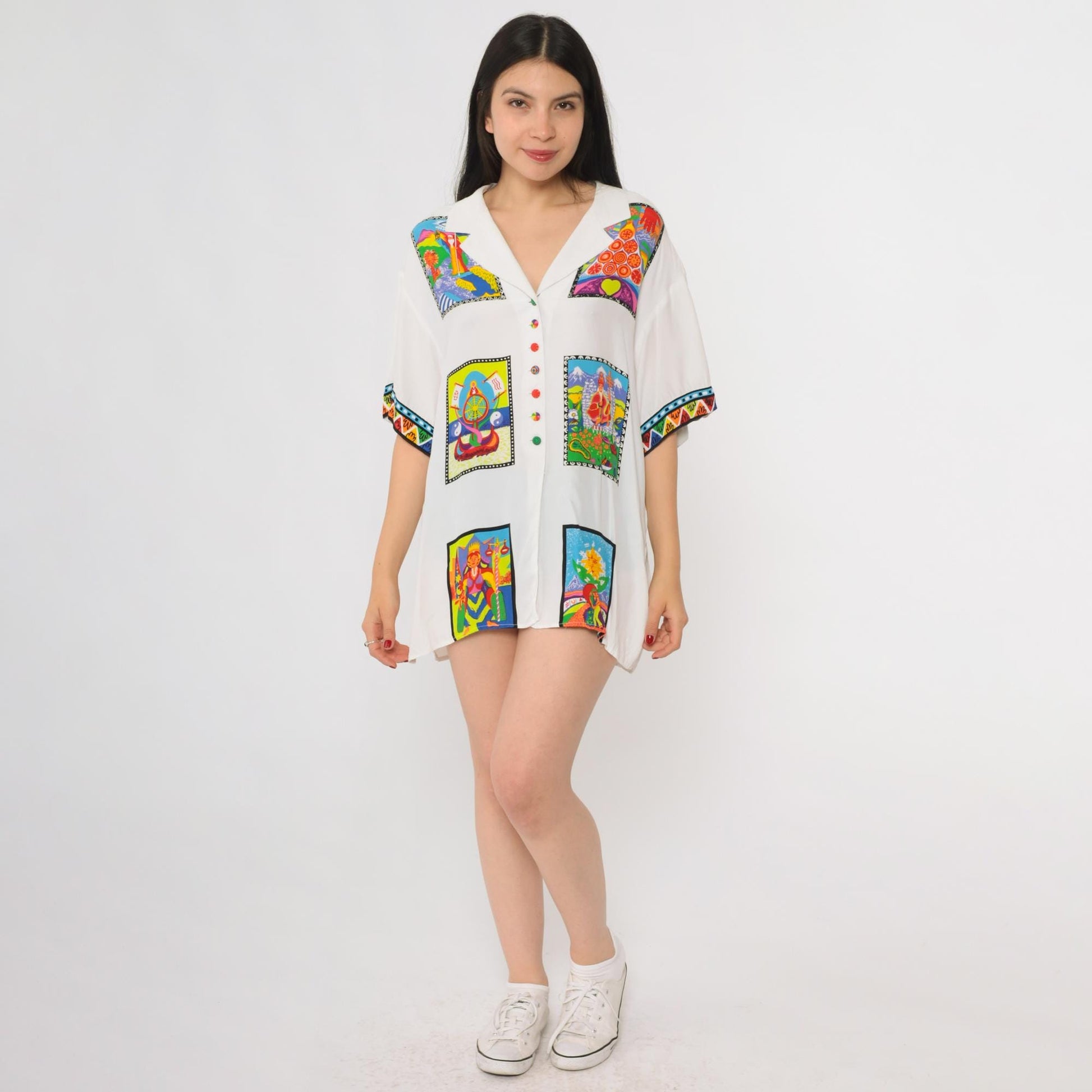 80s Platinum by Dorothy Schoelen Psychedelic Mandala Button Up Shirt White Large