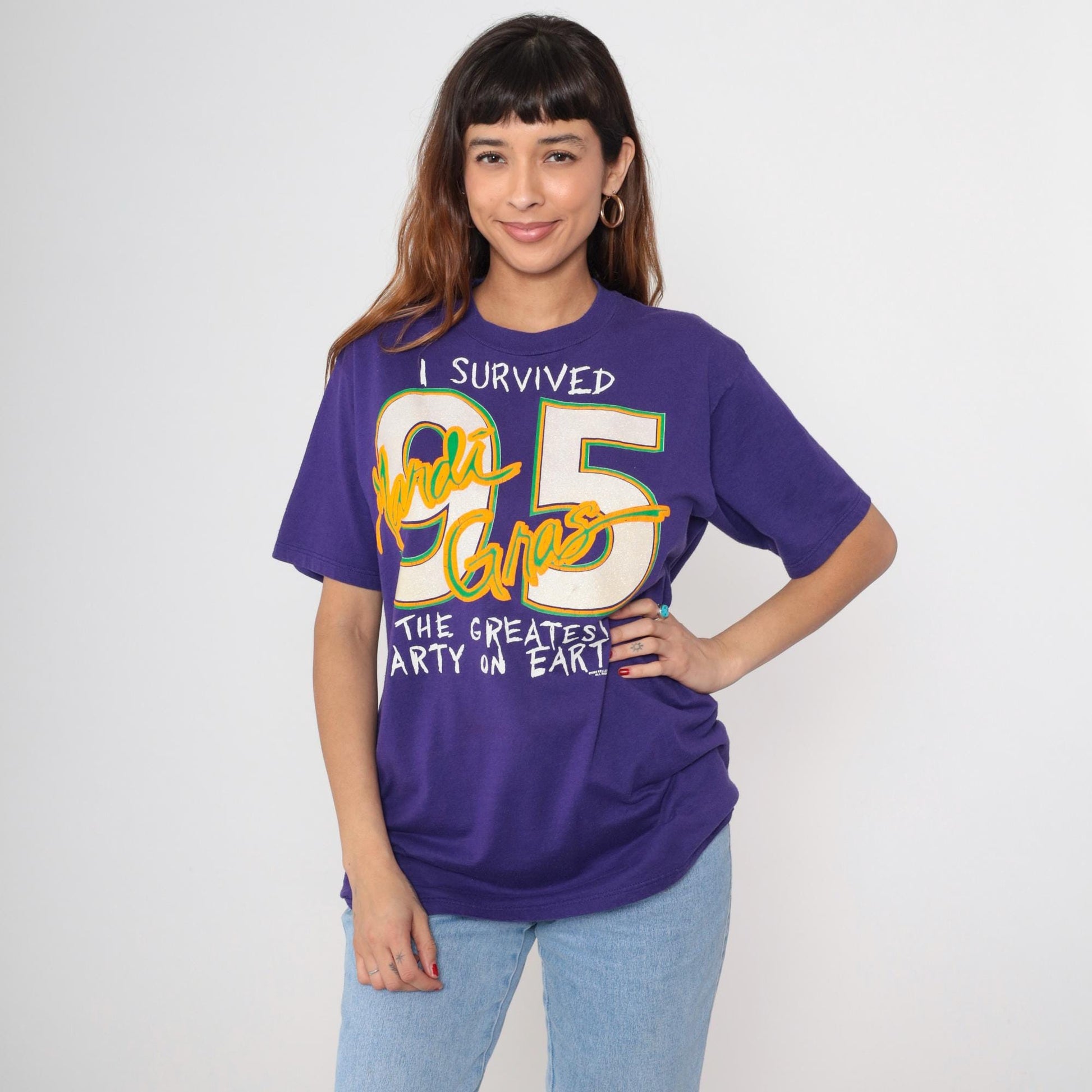 90s Mardi Gras 1995 Novelty Tee Purple Graphic Crewneck Large L