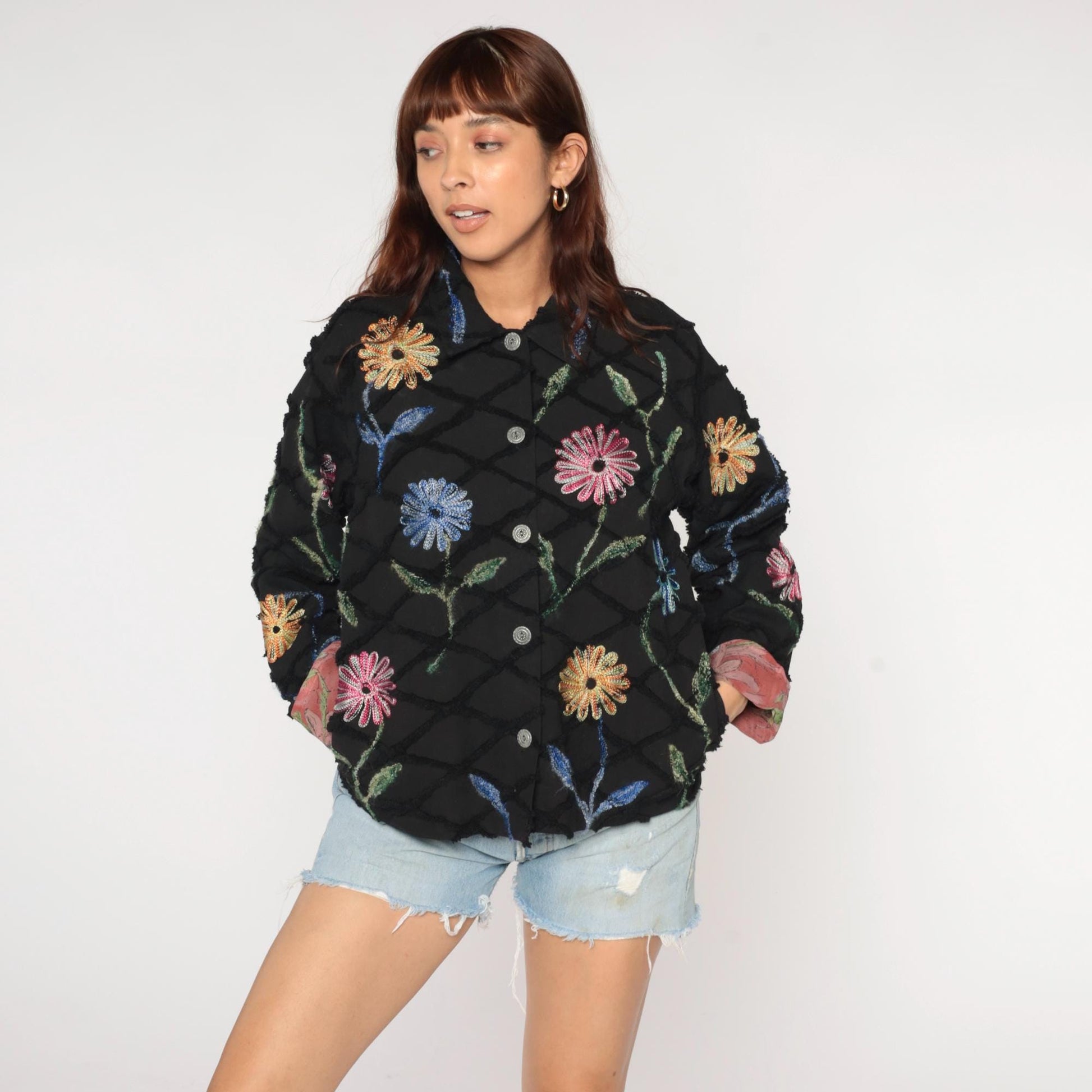 Y2K Black Quilted Cotton Jacket Embroidered Floral Chain Stitch Medium M