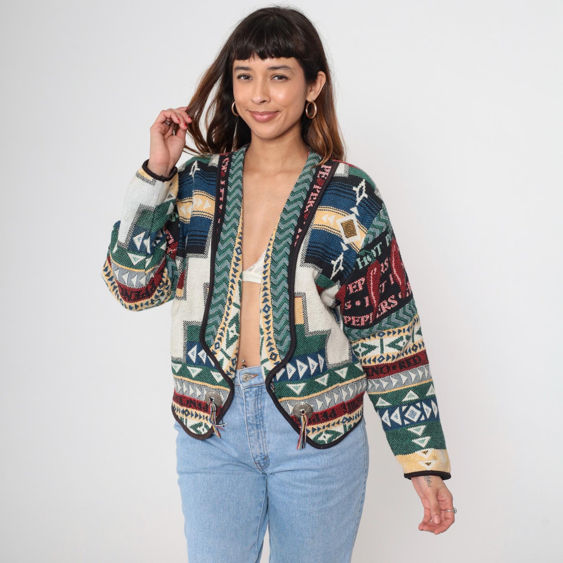 90s Southwestern Tapestry Blazer Kokopelli Geometric Cotton Woven Medium M