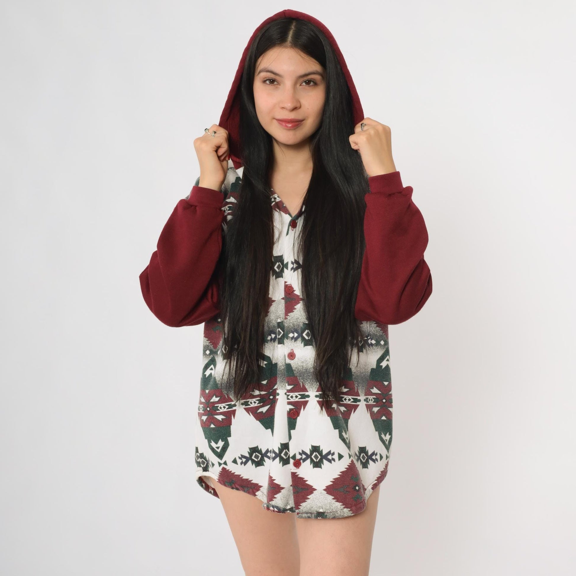 90s Mo Mart Tribal Geometric Burgundy Hoodie Sweatshirt Medium M